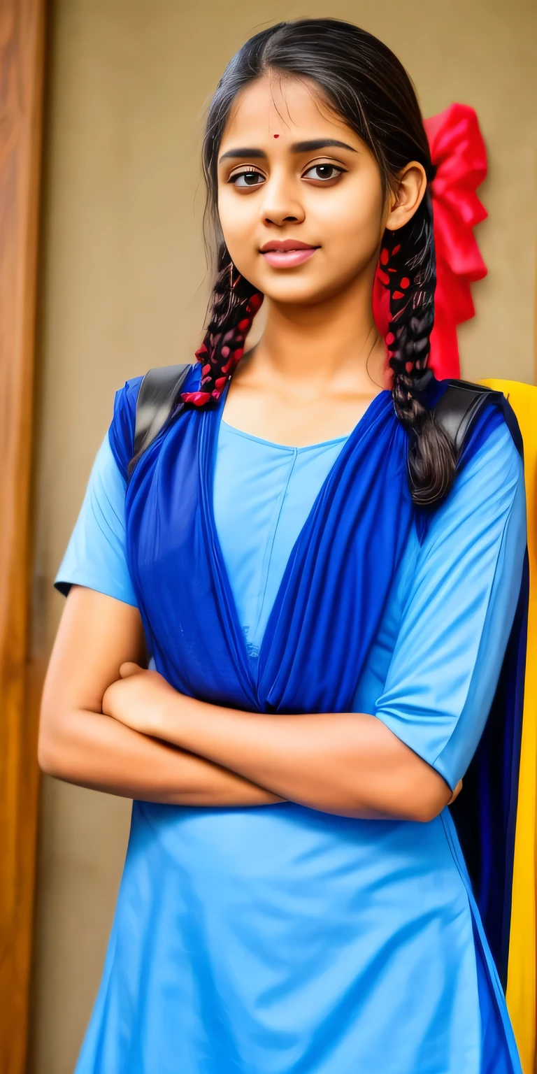 a beautiful detailed school girl, detailed breasts, detailed salwar kameez uniform, detailed face and eyes, detailed hands, high quality, 8k, photorealistic, masterpiece, cinematic lighting, natural lighting, soft lighting, warm colors, vibrant colors, detailed textures, intricate details, elegant, graceful, serene