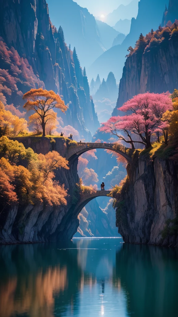 Photographs that capture the essence of a magical dream world. An epic cliff,Hanging over a beautiful lake, Surreal and vivid colors illuminate its reflection. The atmosphere is otherworldly, The soft night light casts a flowing shadow. The image creates a sense of depth and mystery, It's as if the audience is taken into another dimension., Create beautiful and memorable work. Shot with Canon EosIII Zeiss 120mm wide angle lens