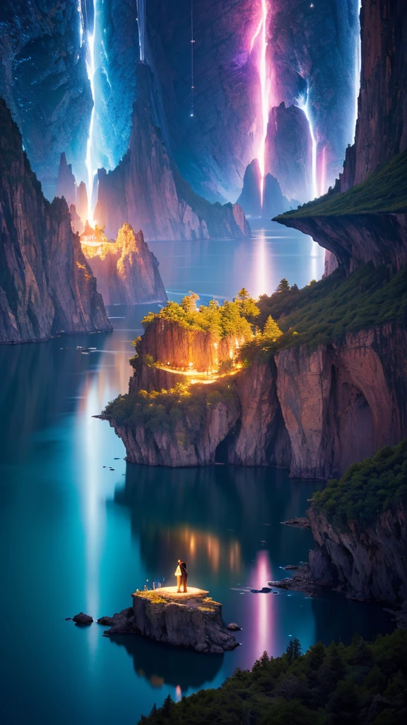 Photographs that capture the essence of a magical dream world. An epic cliff，Hanging over a beautiful lake, Surreal and vivid colors illuminate its reflection. The atmosphere is otherworldly, The soft night light casts a flowing shadow. The image creates a sense of depth and mystery, It&#39;s as if the audience is taken into another dimension., Create beautiful and memorable work. Shot with Canon EosIII Zeiss 120mm wide angle lens