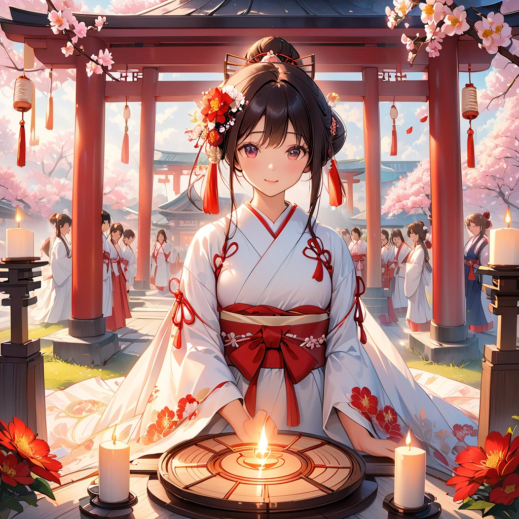 Huge selection of captivating scenes, A complex magic circle emitting a mysterious light. The circle features Asian symbols and patterns., Surrounded by candles and incense. And the shrine maiden, Traditional Japanese Shinto Shrine Maiden, Stand in the center, She spread her arms、Delicate flowers in her hair. She was wearing a traditional white kimono with a bright red sash., A sense of calm and strength.face