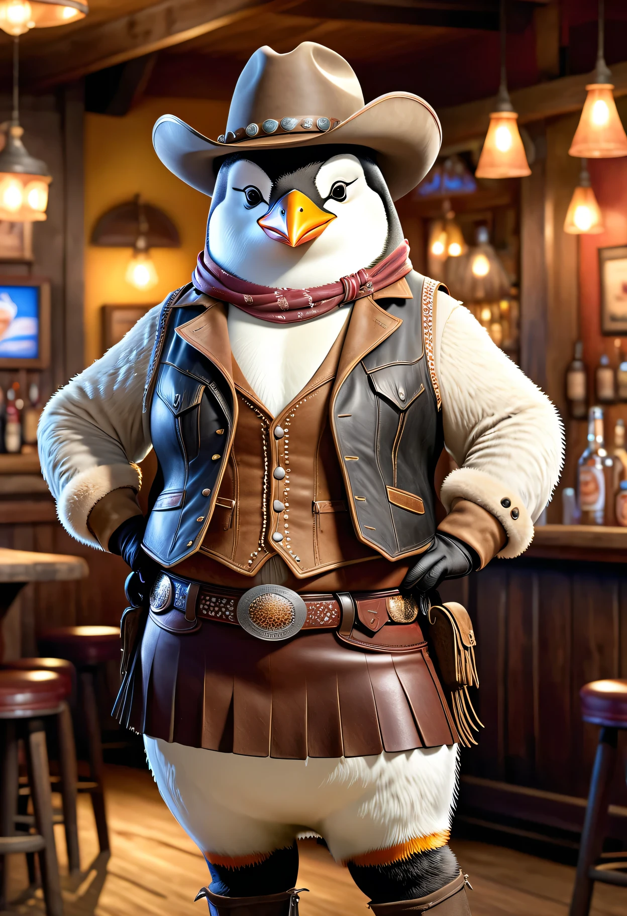 photorealistic portrait of ((Dressed animals)) - a ((fat)) (penguin) cowgirl, (furry),(full body image:2.0),(elegant pose:1.5) Wearing cowboy clothes and hat,(wearing leather short skirt and vest),(hands on hips:1.5),(happy),(smile:1.5), Old-fashioned cowboy hat, in western movie bar background, , western style bar background,(looking at viewer:1.5),score_9, score_8_up, score_7_up, score_6_up, score_5_up, score_4_up,