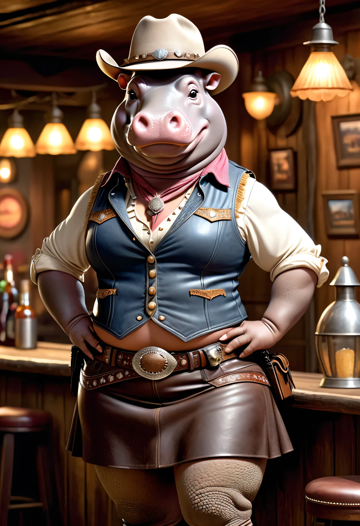 photorealistic portrait of ((Dressed animals)) - a ((fat)) (hippo) cowgirl, (furry),(full body image:2.0),(elegant pose:1.5) Wearing cowboy clothes and hat,(wearing leather short skirt and vest),(hands on hips:1.5),(happy),(smile:1.5), Old-fashioned cowboy hat, in western movie bar background, , western style bar background,(looking at viewer:1.5),score_9, score_8_up, score_7_up, score_6_up, score_5_up, score_4_up,