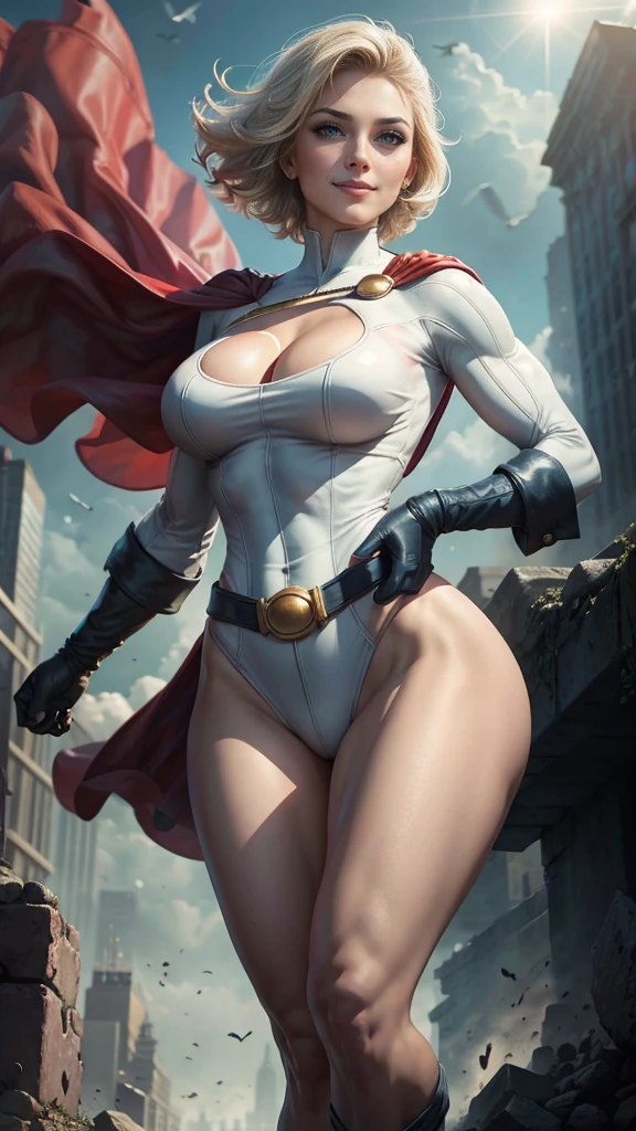 Power Girl da DC Comics,(best qualityer,4K,8k,high resolution,work of art:1.2)(weather: windy),battle ruins,Gotham,short hair,ultra detailed,realisitic,portraite,beautiful detailed blue eyes,beautiful detailed lips,extremely detailed eye and face, long eyelashes,sexly,average,large breasts,cleavage,flying hair,gloves,beaming smile,powerful girl in a battle,combat pose,stunning curves,bright coloured,dramatic lighting,battle background,composition,red cape,