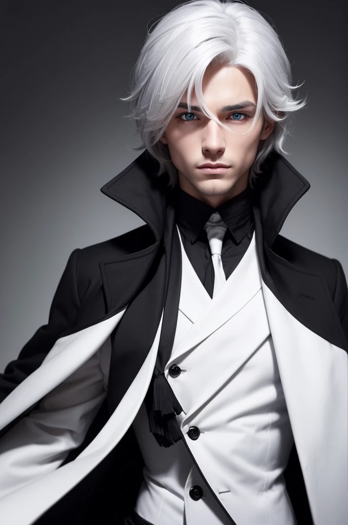 Create a man with white colored medium hair, brunette skin, eyes with heterochromia, wearing a black overcoat