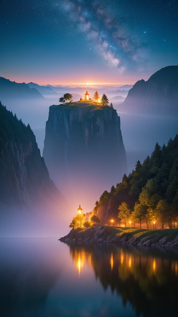 Photographs that capture the essence of a magical dream world. An epic cliff,Hanging over a beautiful lake, Surreal and vivid colors illuminate its reflection. The atmosphere is otherworldly, The soft night light casts a flowing shadow. The image creates a sense of depth and mystery, It's as if the audience is taken into another dimension., Create beautiful and memorable work. Shot with Canon EosIII Zeiss 120mm wide angle lens