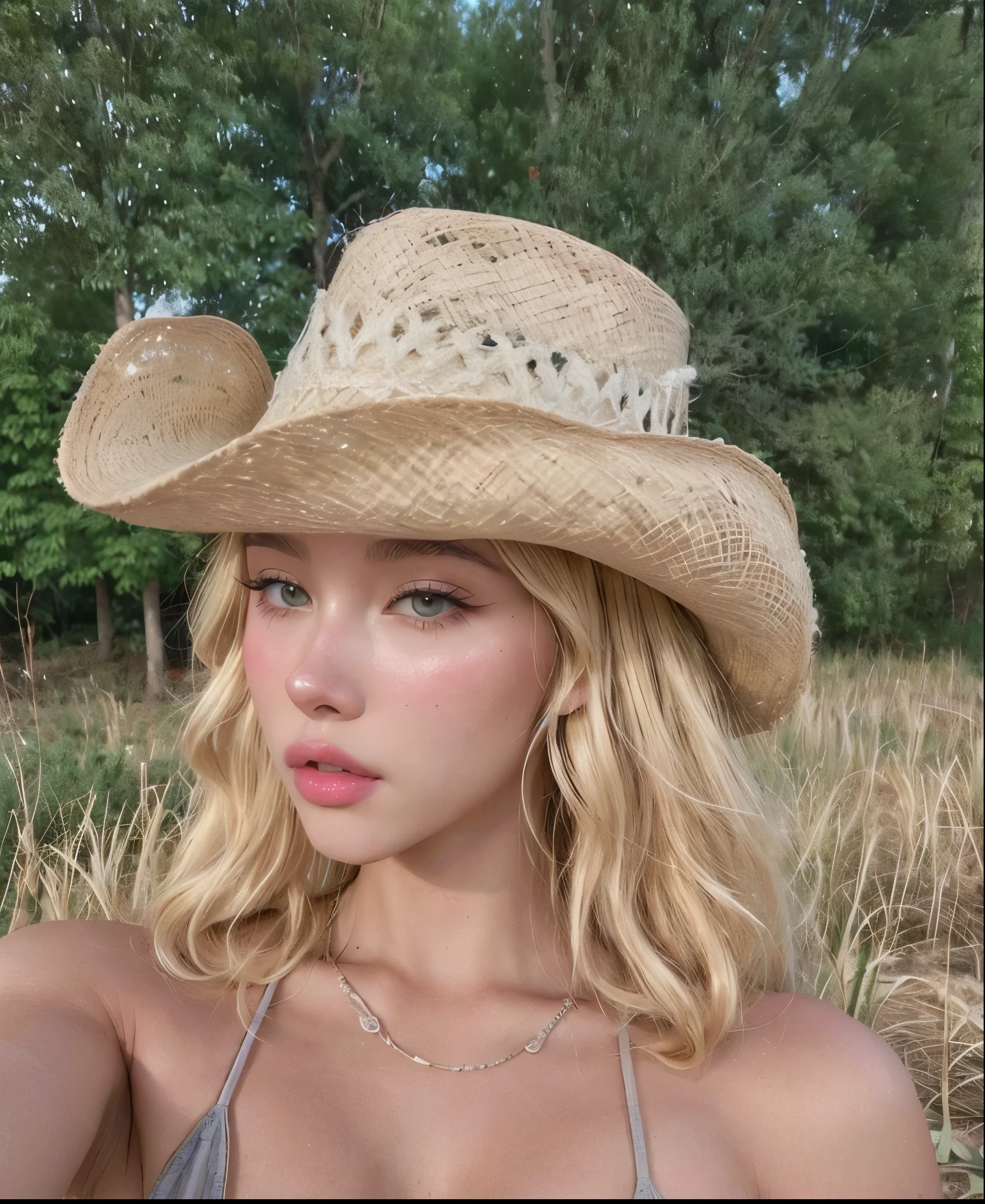 Mujer arafed with hat posando para una foto en un campo, with straw hat, straw hat, wearing straw hat, with hat, cowboy hat, cowgirl, wearing cowboy hat, wearing a cowboy hat, Sidney Sweeney, lalisa manobal, she is wearing a hat, 🐎🍑, white cowboy hat, straw, wearing huge straw hat