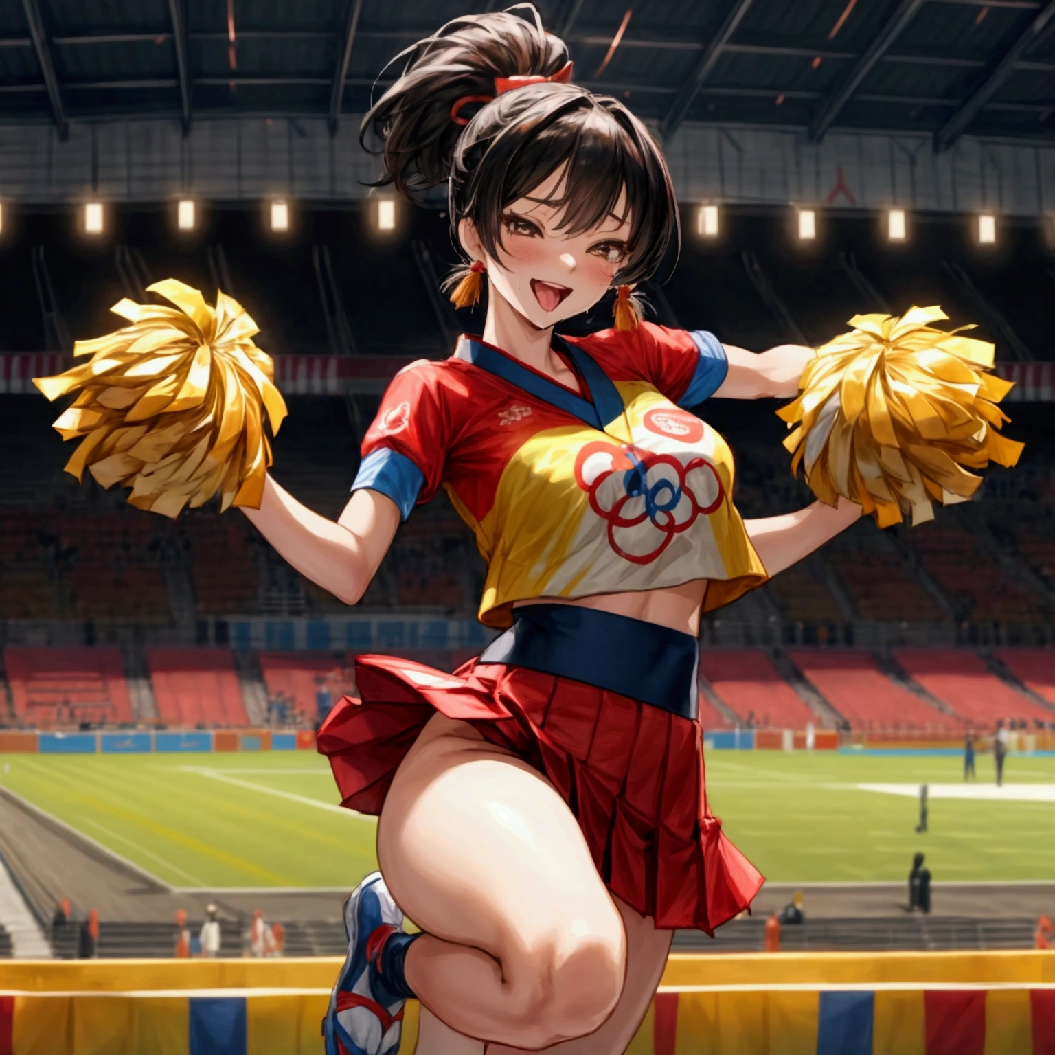 NSFW, sexy, erotic, a cheerful cheerleader standing on one leg, energetically cheering for the Japanese team during the opening ceremony of the Olympic Games. She holds two large golden spheres in her hands, and her outfit features extensive gold accents to symbolize aiming for the gold medal. The cheerleader's outfit includes a pleated skirt and a top with vibrant colors, adorned with a Japanese flag emblem on her chest. Her hair is styled in a playful ponytail. She strikes a lively pose with one leg lifted high, exuding joy and enthusiasm. The background shows a grand stadium filled with an audience, festive lights, and the celebratory atmosphere of the Olympic opening ceremony. The image is highly detailed and realistic with a vibrant anime touch, emphasizing the character's spirited and jubilant expression. The resolution and quality are maximized, with rich, delicate detailing. --sharp focus, --dramatic lighting, --realistic anatomy, --high_quality, --ultra_detail, --intricate_design, --extremely_detailed, -- hyper_realistic, --realistic, --sexy, --erotic