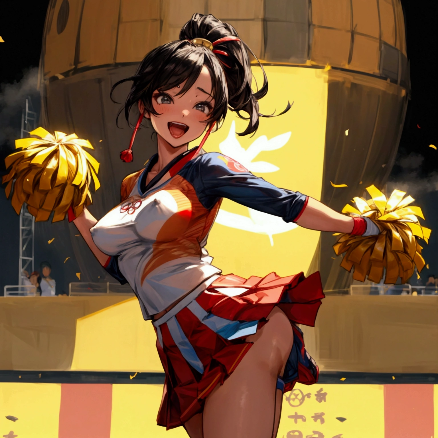 NSFW, sexy, erotic, a cheerful cheerleader standing on one leg, energetically cheering for the Japanese team during the opening ceremony of the Olympic Games. She holds two large golden spheres in her hands, and her outfit features extensive gold accents to symbolize aiming for the gold medal. The cheerleader's outfit includes a pleated skirt and a top with vibrant colors, adorned with a Japanese flag emblem on her chest. Her hair is styled in a playful ponytail. She strikes a lively pose with one leg lifted high, exuding joy and enthusiasm. The background shows a grand stadium filled with an audience, festive lights, and the celebratory atmosphere of the Olympic opening ceremony. The image is highly detailed and realistic with a vibrant anime touch, emphasizing the character's spirited and jubilant expression. The resolution and quality are maximized, with rich, delicate detailing. --sharp focus, --dramatic lighting, --realistic anatomy, --high_quality, --ultra_detail, --intricate_design, --extremely_detailed, -- hyper_realistic, --realistic, --sexy, --erotic