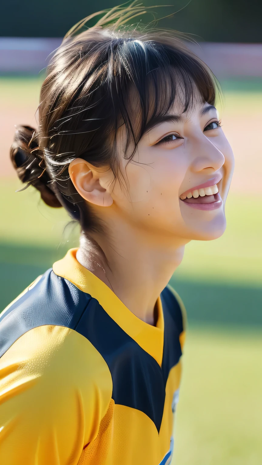 (Highest quality,8K quality,masterpiece:1.3),(Ultra-high resolution,Photorealistic:1.4,RAW Photos),(Very detailed,Caustics,Detailed Background),(Ultra-Realistic Capture,Fine and beautiful skin,Perfect Anatomy),(Eyebrow slider),morning sky,18-year-old,cute,double eyelid,Black short bob,Soccer player in uniform,Looking at the camera,Laughter,Natural soft light,Upper body close-up,Soccer court,Behind you is the goal,Dribbling,