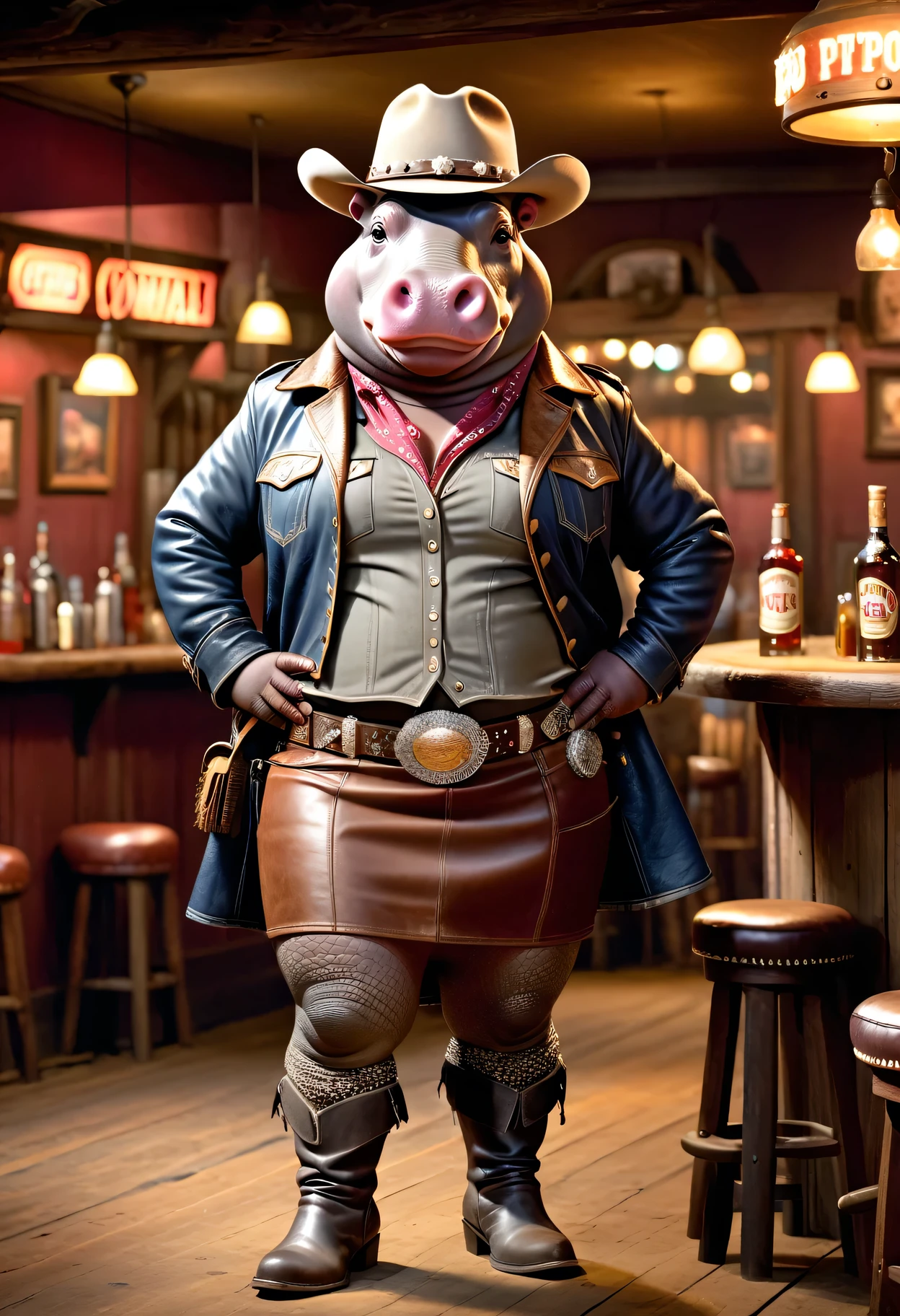 photorealistic portrait of ((Dressed animals)) - a ((fat)) (hippo) cowgirl, (furry),(full body image:2.0),(elegant pose:1.5) Wearing cowboy clothes and hat,(wearing leather short skirt and jacket),(hands on hips:1.5),(happy),(smile:1.5), Old-fashioned cowboy hat, in western movie bar background, , western style bar background,(looking at viewer:1.5),score_9, score_8_up, score_7_up, score_6_up, score_5_up, score_4_up,