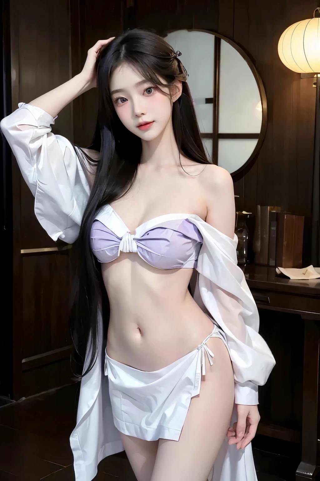 ((beautiful korean girl)), ((super bright pale skin)), ((glamour sensual body)), ((high-level image quality)), (Like a shot with an SLR) , ((Beautiful legs)), ((little smile)), ((semi-nude looks glamourous blue purple colorful hanbok)), ((super pretty face)), ((Hair covers the ears and makes them invisible)), ((navel exposed)), ((slender but big breast)), ((off the shoulder)), ((underboob)), ((long black hairs)), ((sexy posture)), antient asian palace indoor background
