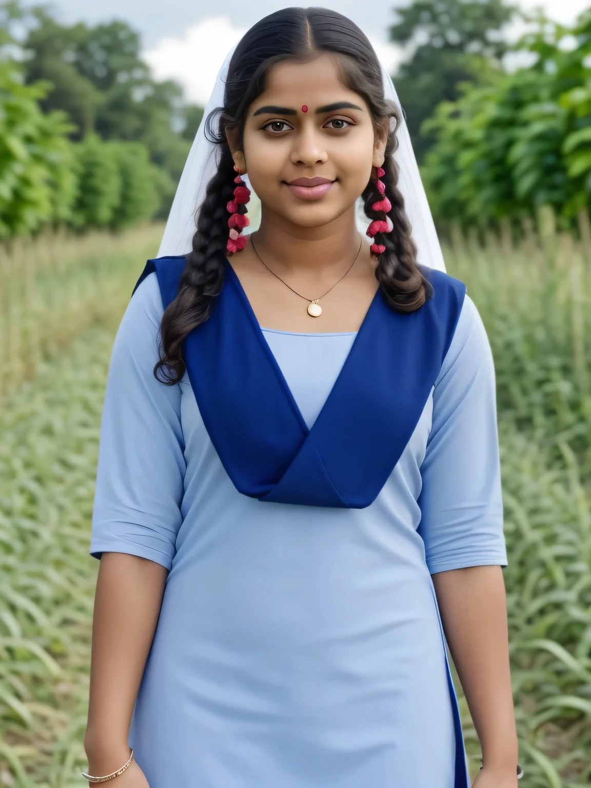 20 year old Tamil girl, inside sugarcane field, evening sky, bossy sassy photoshoot, (Wearing salwar kameez uniform), (intricate detailing of face eyes nose mouth full lips & body parts), textured skin, smile:0.6, eyes symmetry, face symmetry, 256K, HDR, hyper realistic, intricate detailing, yotta-pixel image, yocto-pixel detailing