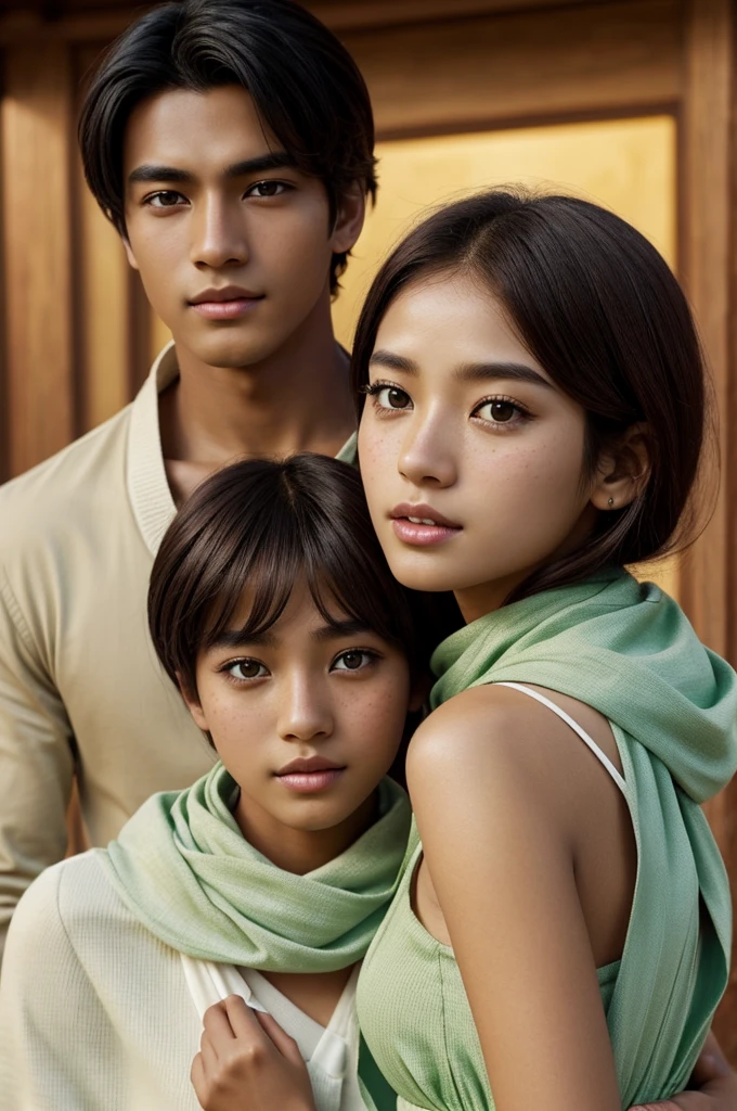 Create an image where there is a dark-skinned boy with black hair, dark brown eyes, a Roman nose and thin lips and a square jaw with Korean-style clothes like kang-tae-moo and a girl with brown hair that was long almost to her waist with black reddish blonde flashes with light brown eyes and light honey-colored parts in her irises, wide Roman nose and inconspicuous freckles thin lips and an oval face, of white skin with a green dress and a white scarf. The image that is anime type