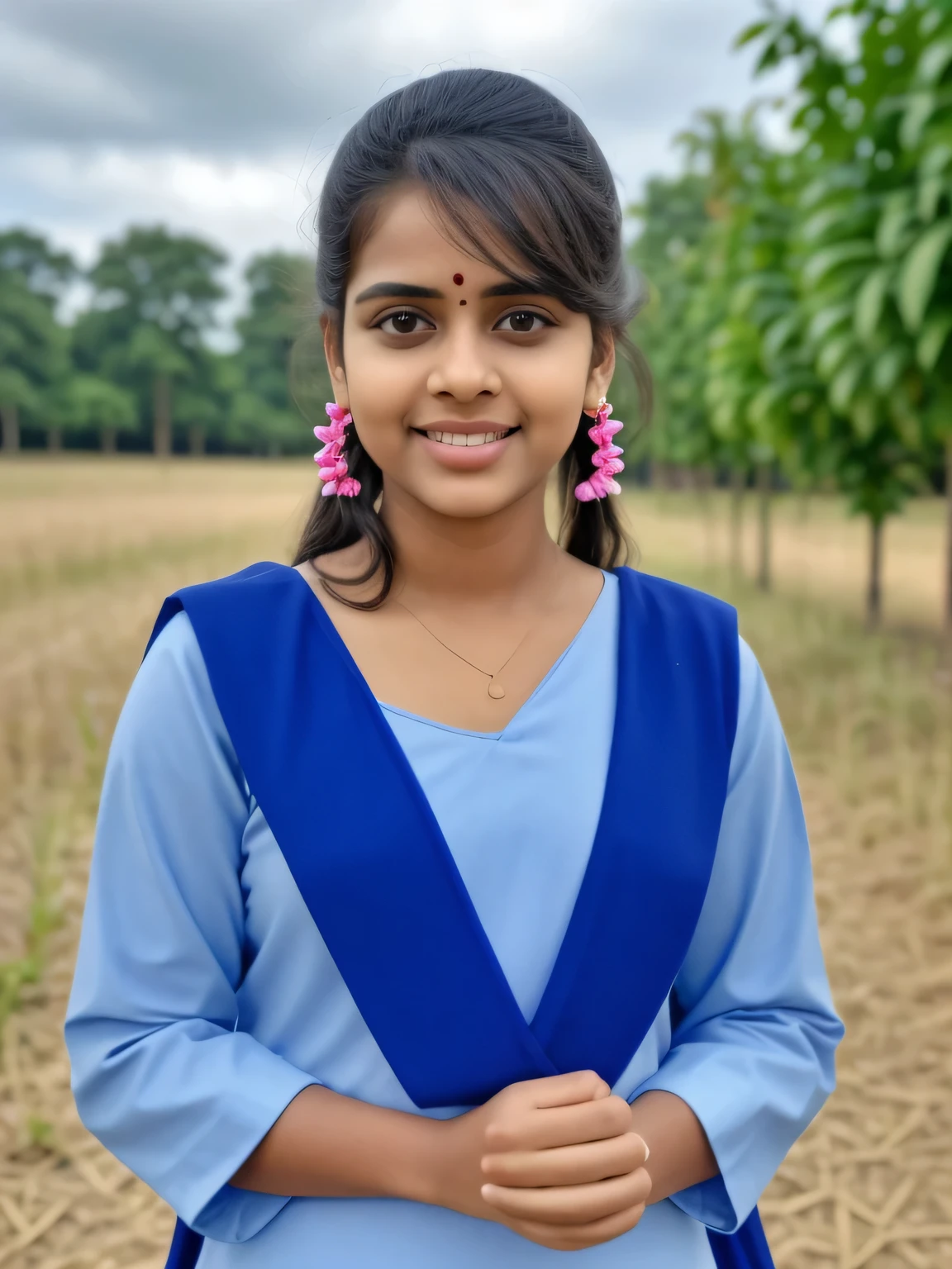 20 year old Tamil girl, inside sugarcane field, evening sky, bossy sassy photoshoot, (Wearing salwar kameez uniform), (intricate detailing of face eyes nose mouth full lips & body parts), textured skin, smile:0.6, eyes symmetry, face symmetry, 256K, HDR, hyper realistic, intricate detailing, yotta-pixel image, yocto-pixel detailing