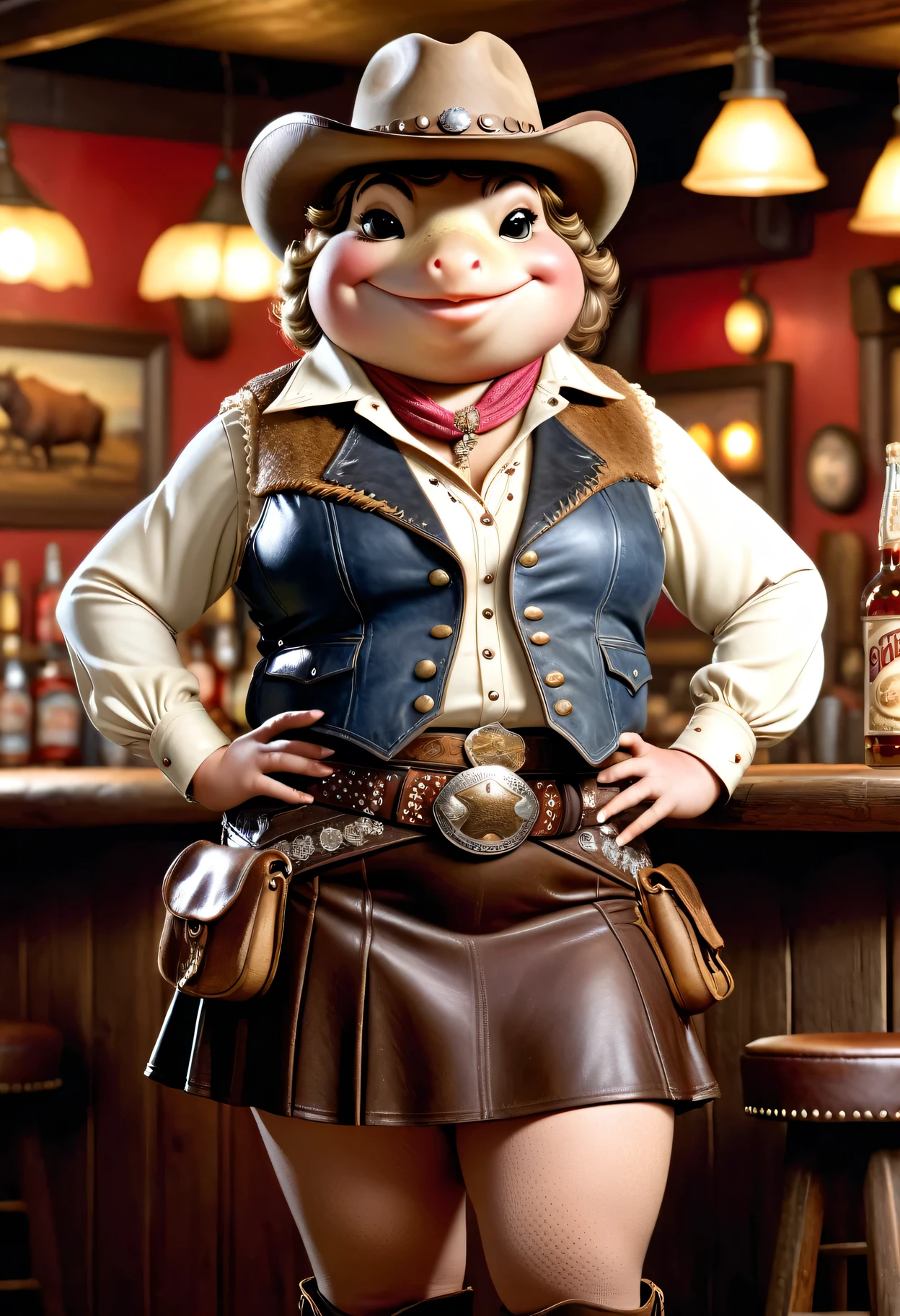 photorealistic portrait of ((Dressed animals)) - a ((fat)) ((toad)) cowgirl, (furry),(full body image:2.0),(elegant pose:1.5) Wearing cowboy clothes and hat,(wearing leather short skirt and vest),(hands on hips:1.5),(happy),(smile:1.5), Old-fashioned cowboy hat, in western movie bar background, , western style bar background,(looking at viewer:1.5),score_9, score_8_up, score_7_up, score_6_up, score_5_up, score_4_up,