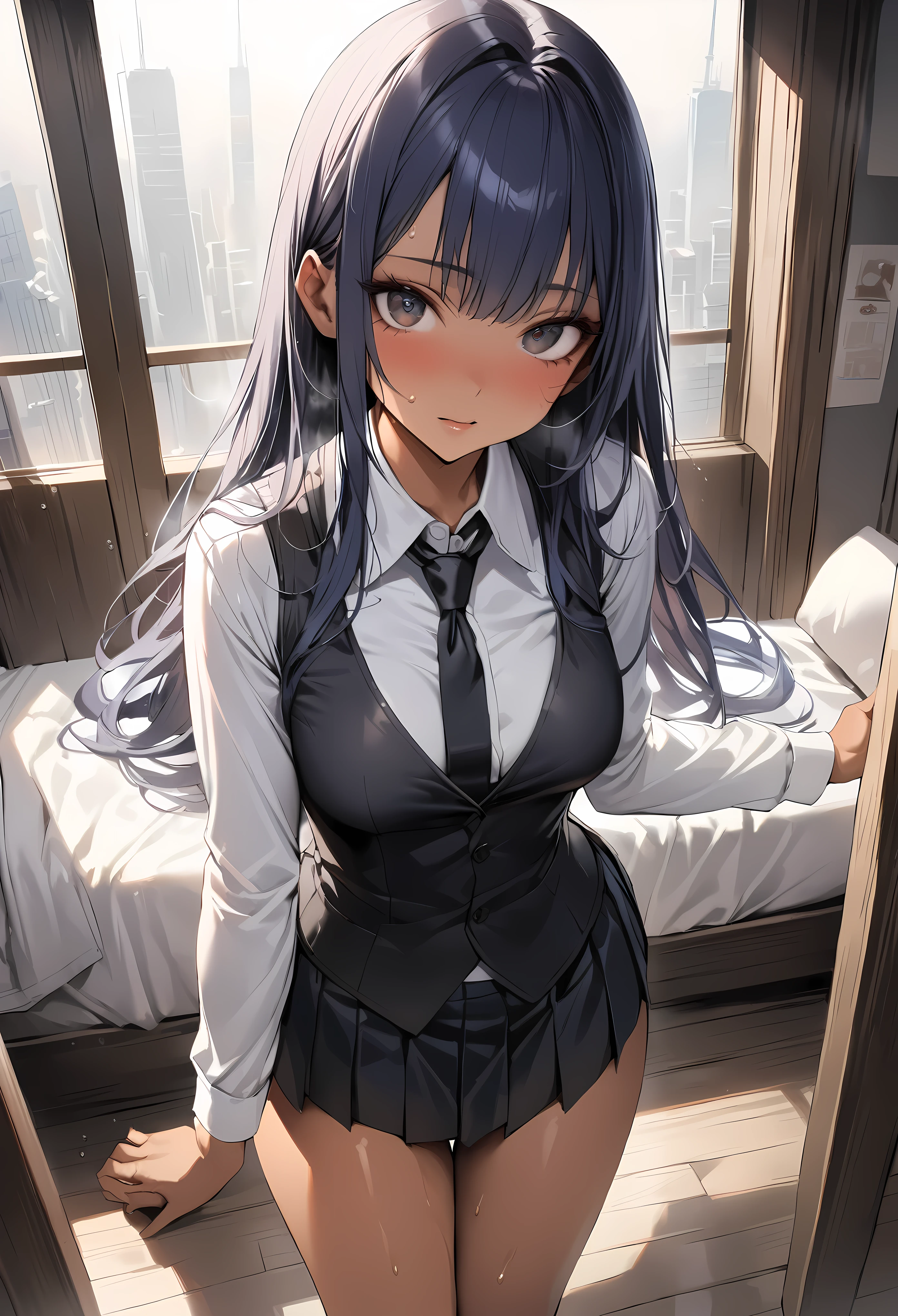 ((masterpiece,Highest quality:1.3,best quality illustration)),realistic,1woman,(20 year old beauty),((very small head:1.3)),ideal ratio body proportions,dark blue hair,straight long hair,bangs,black eyes,gorgeous big eyes,hot、((tan skin,skinny)),(Black vest、Black tie、White collared shirt、Long sleeve、Black pleated mini skirt)),medium breasts,gleaming skin,slender body,sweat,Simple bedroom,Shinjuku、Tokyo、nsfw,