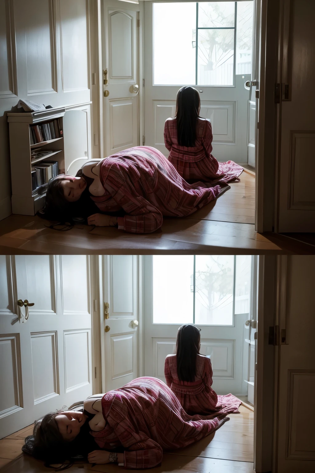 Someone who arrives from a party at 3 am and when she arrives turns off the light and goes to sleep the next day, she finds her friend dismembered around the house and faints when she reads it on the door " Aren't you happy that you turned off the light"