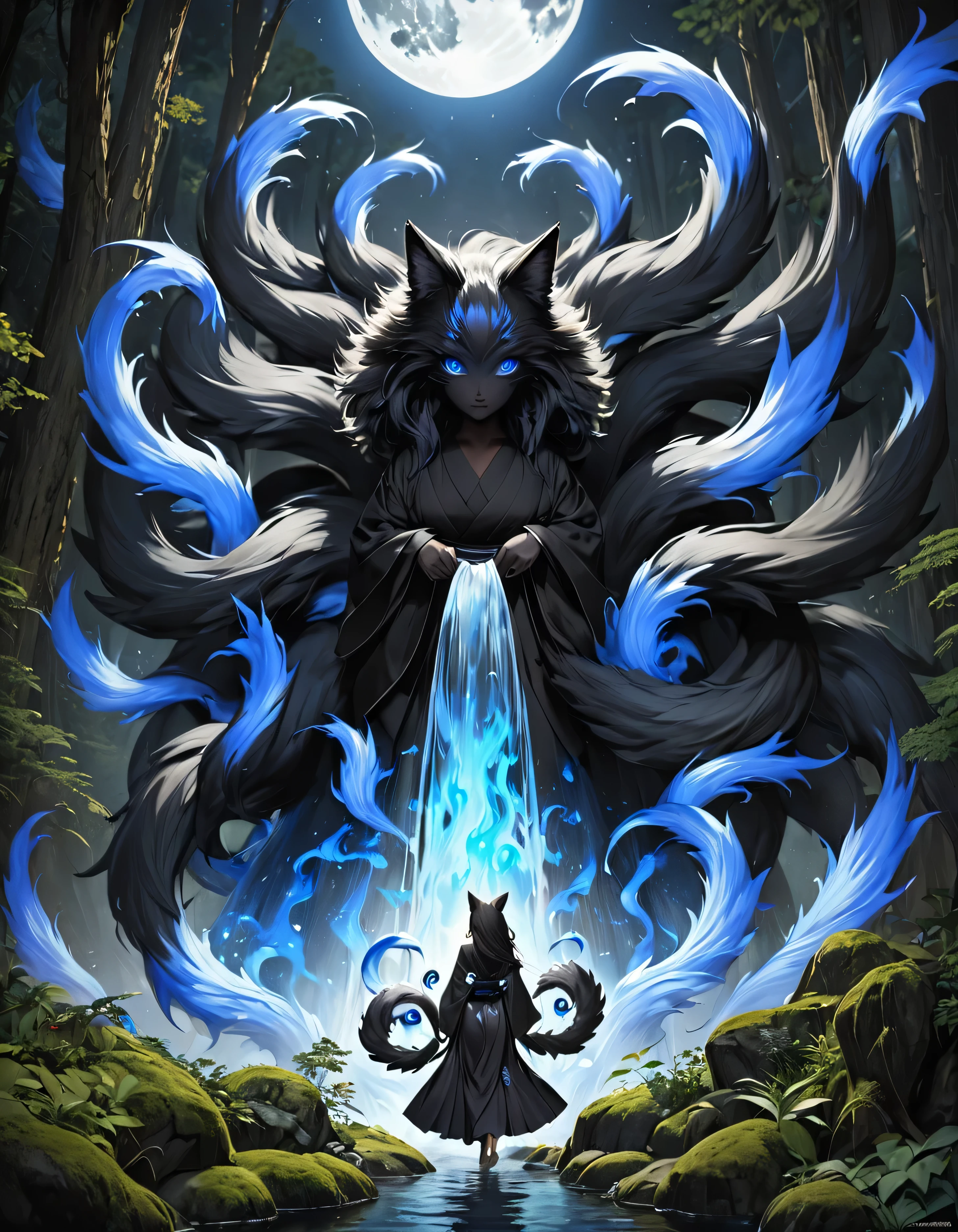 ((full body shot at distance)) , (((1girl))), (realistic fox-girl with black hair and nine tails surrounded by motes of blue fire, looking at a waterfall) , (nine tails with black fur:2.0 ) , (image centered on subject, with her tails spread, tails are between subject and viewer:1.5), ((pov, from behind)), ((waterfall)), moon , (anatomical perfect), (beautiful human face, high cheekbones, green eyes  fox ears) , (very detailed ankle length kimono with a loose fit:1.5 ) , inspired by Sugimura Jihei, delicate and fine, (tentacles:fox tails:0.5), white form, inspired by Sōami, jormungand, mystical creatures, realistic, ultra detailed, dynamic pose, moonlit night detailed forest background, vegetation in the foreground