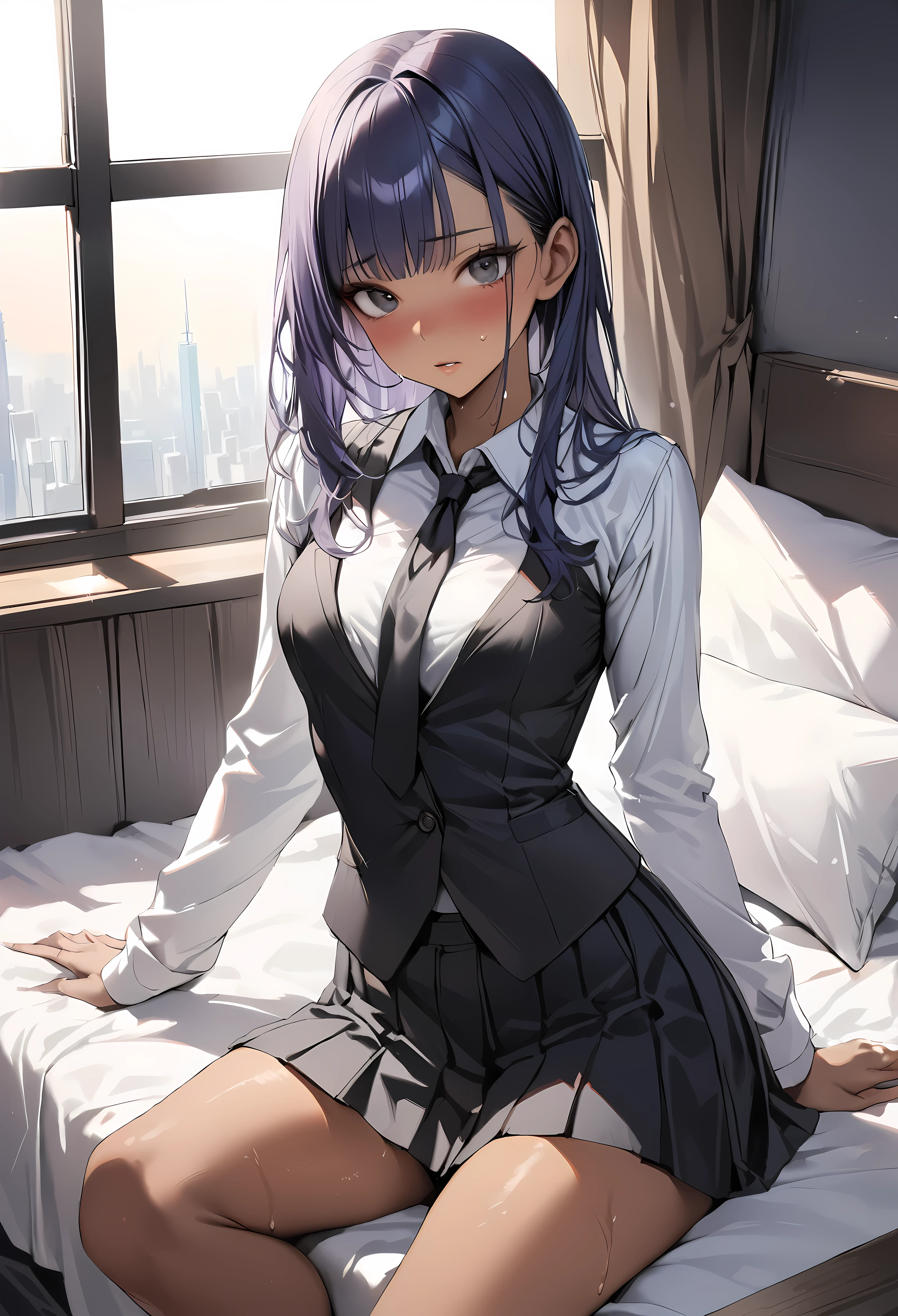 ((masterpiece,Highest quality:1.3,best quality illustration)),realistic,1woman,(20 year old beauty),((very small head:1.3)),ideal ratio body proportions,dark blue hair,straight long hair,bangs,black eyes,gorgeous big eyes,in heat、((tan skin,skinny)),(Black vest、Black tie、White collared shirt、Long sleeve、Black pleated mini skirt)),medium breasts,gleaming skin,slender body,sweat,Simple bedroom,Shinjuku、Tokyo、nsfw,