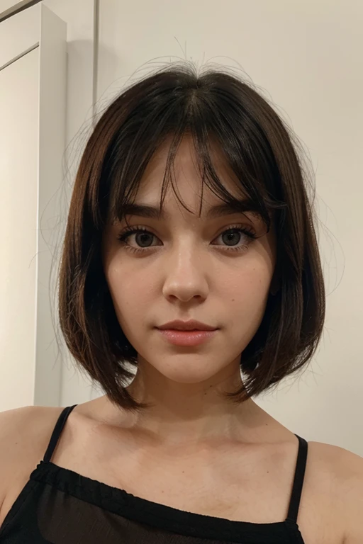 Face of white girl with short straight black shoulder length hair and honey eyes with full lips