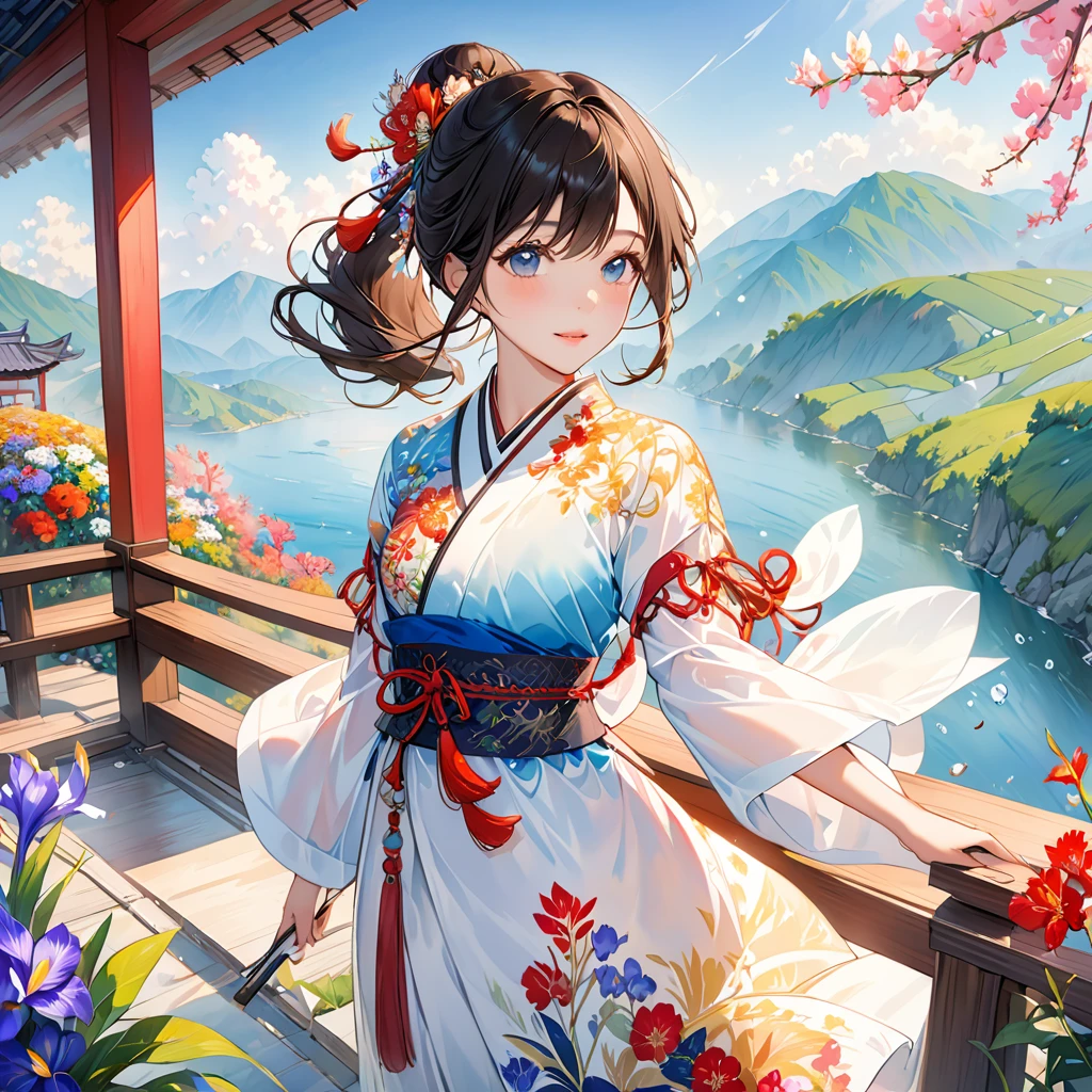 roof,(White Background:1.4), ((tachi-e)), original,(figure:1.1),(Highest quality),(masterpiece:1.1),(Highly detailed CG Unity 8k wallpaper:1.1), (colorful:0.9),(Panoramic Photos:1.4),(alone:1.2), (splashing ink),(Color splashes),((watercolor)), Clear and sharp focus,{ One girl standing },((Korean Style )),Floral Background,Outdoor,rock, View your viewers, Have a happy expression,優しい笑face,Pure,美しく細部まで描かれたfaceと目,Beautiful and intricate details of decorative patterns on clothing, Black Hair,Iris,Color Water、face、front