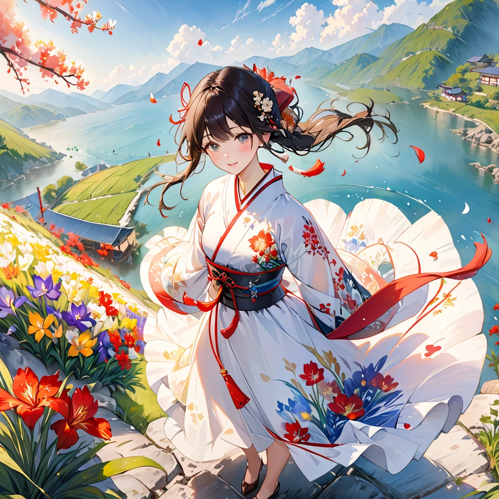roof,(White Background:1.4), ((tachi-e)), original,(figure:1.1),(Highest quality),(masterpiece:1.1),(Highly detailed CG Unity 8k wallpaper:1.1), (colorful:0.9),(Panoramic Photos:1.4),(alone:1.2), (splashing ink),(Color splashes),((watercolor)), Clear and sharp focus,{ One girl standing },((Korean Style )),Floral Background,Outdoor,rock, View your viewers, Have a happy expression,優しい笑face,Pure,美しく細部まで描かれたfaceと目,Beautiful and intricate details of decorative patterns on clothing, Black Hair,Iris,Color Water、face、front