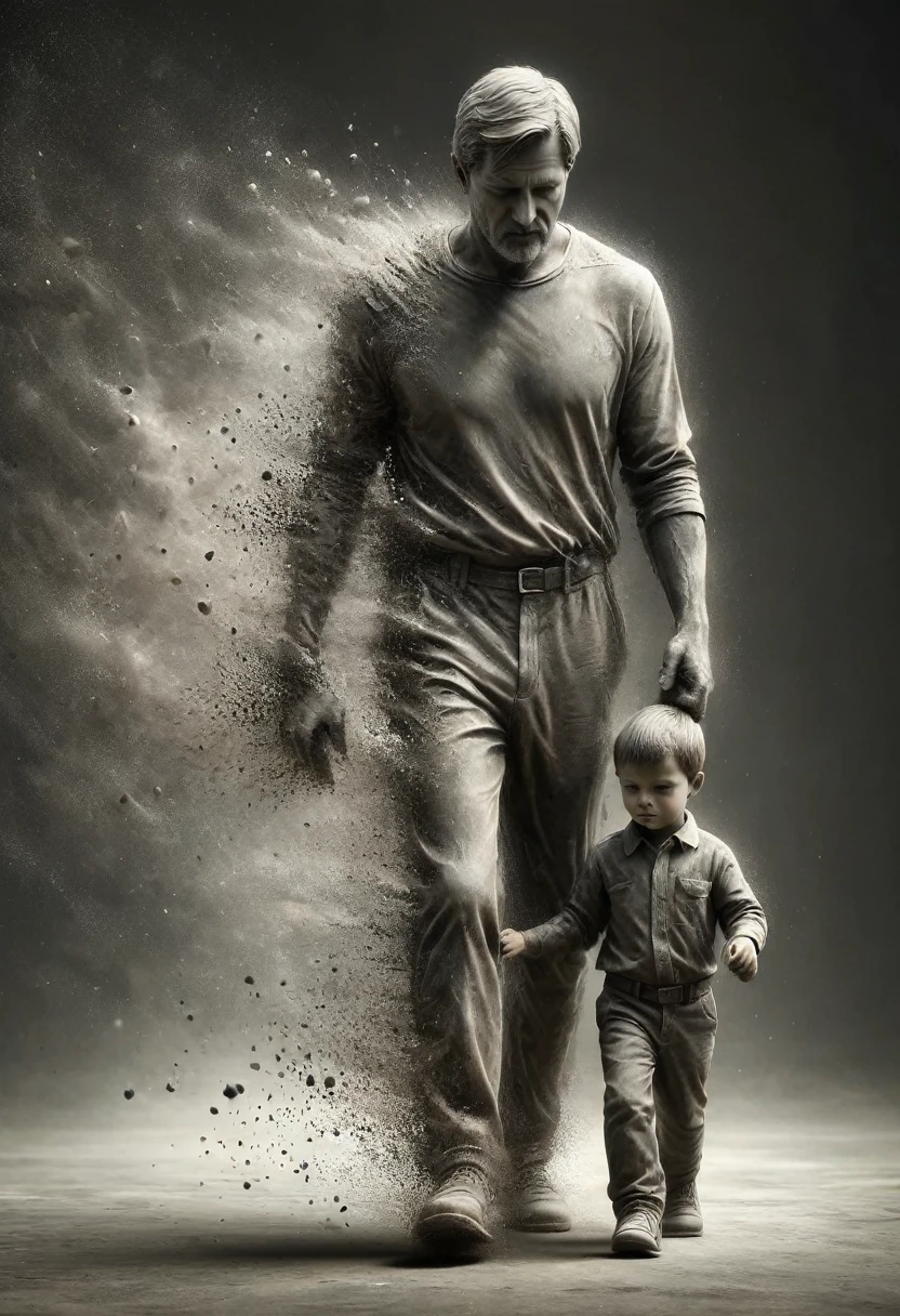 a gray statue of father and son walking hand in hand, dissolving into the dust like a memory,sharp focus,(work of art, best qualityer, high resolution, high resolution:1.2),ral-dissolve,extremely detaild,realisitic,details Intricate,(cinematic lighting, Volumetric)