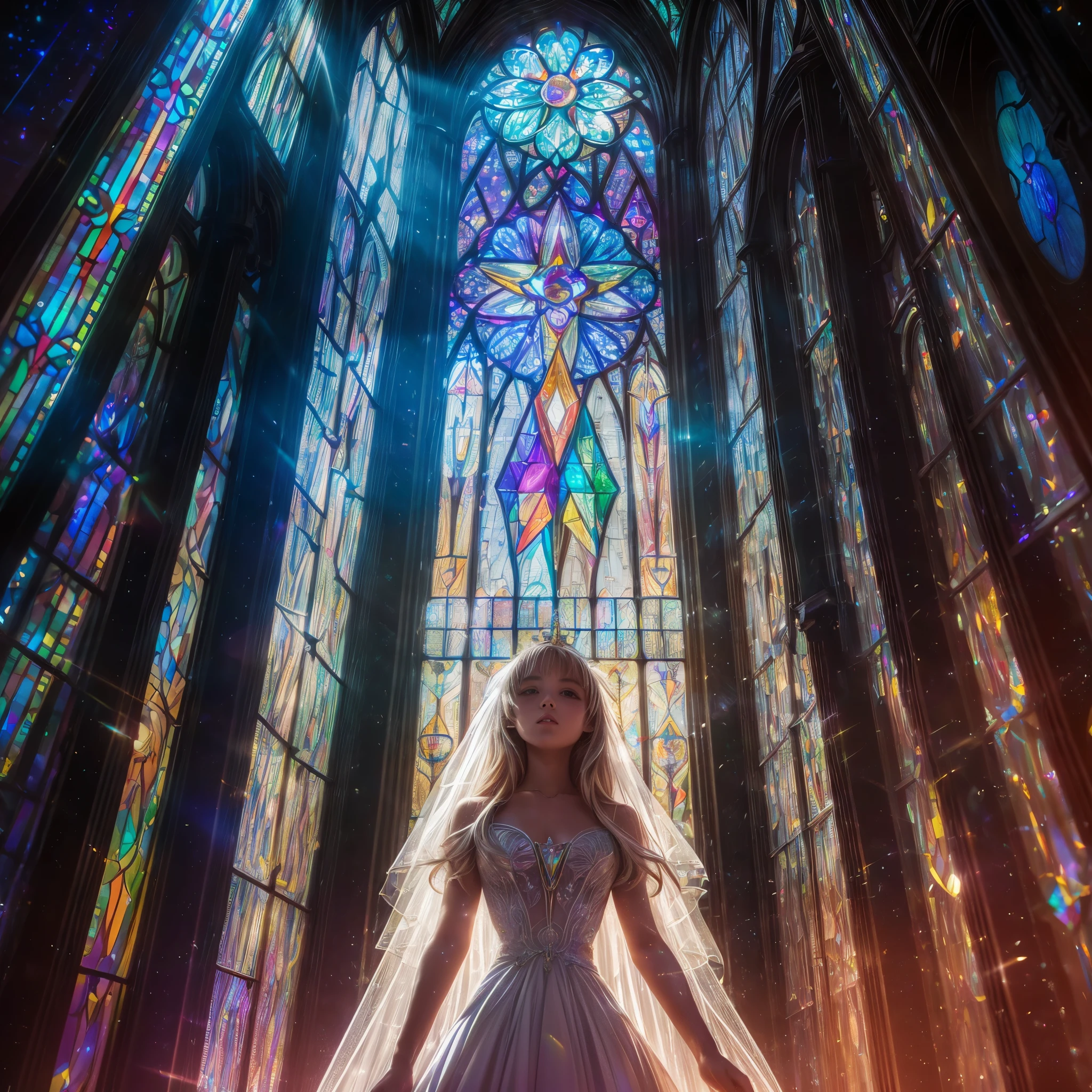  (Cathedral from below:1.28) (ZoomLayer) TopQuality 8K masterpiece of ((Professional photo)), (((Clarisse de Cagliostro))) (Detailed White WeddingDresses), Chain, (((Extremely detailed KAWAII face))) {((VeiledFace))|BlondeHair|(Elaborate BuleEyes)with(SparklingHighlights:1.28)}, The background is distant (((Elaborate stained glass))) Rainbow Glass, {(MysticSight)|EnchantingAtmosphere|Haze|(GodRays)|TyndallEffect}, Radiant PearlSkin with Transparency, (Exposed:0.39)