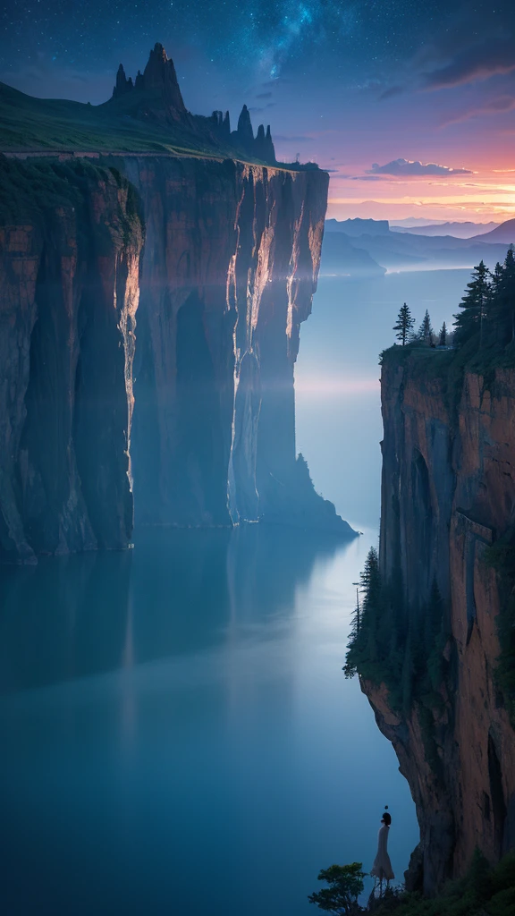 Photographs that capture the essence of a magical dream world. An epic cliff,Hanging over a beautiful lake, Surreal and vivid colors illuminate its reflection. The atmosphere is otherworldly, The soft night light casts a flowing shadow. The image creates a sense of depth and mystery, It's as if the audience is taken into another dimension., Create beautiful and memorable work. Shot with Canon EosIII Zeiss 120mm wide angle lens