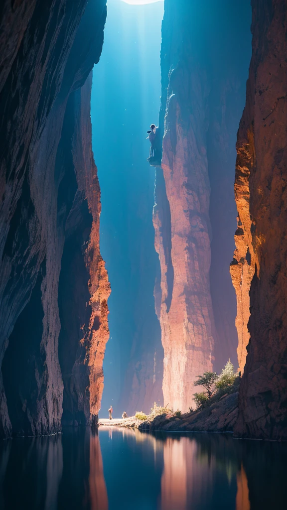 Photographs that capture the essence of a magical dream world. An epic cliff,Hanging over a beautiful lake, Surreal and vivid colors illuminate its reflection. The atmosphere is otherworldly, The soft night light casts a flowing shadow. The image creates a sense of depth and mystery, It's as if the audience is taken into another dimension., Create beautiful and memorable work. Shot with Canon EosIII Zeiss 120mm wide angle lens