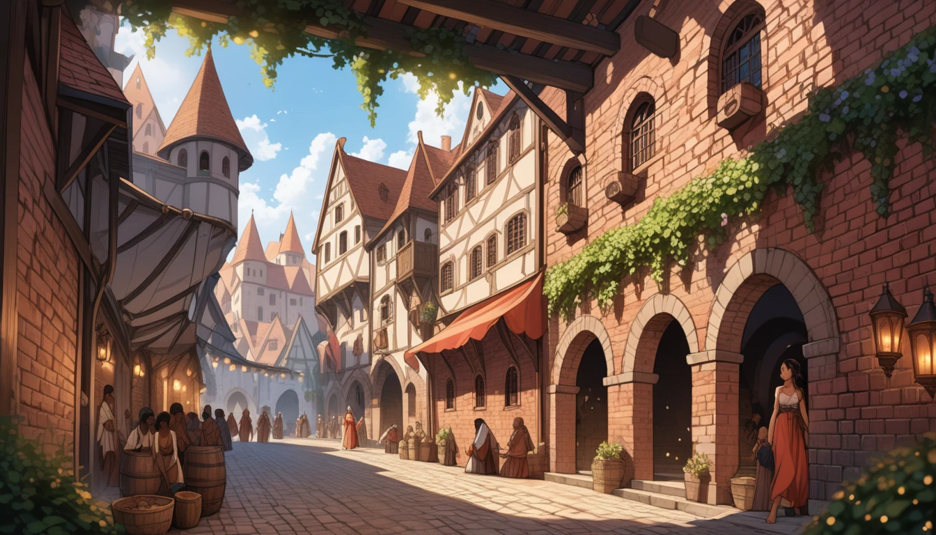 8K, RAW, best quality, masterpiece, ultra high res, colorful, (medium wide shot), (dynamic perspective), sharp focus, (depth of field, bokeh:1.3), close-up, brick wall, ((masterpiece, best quality)), niji, concept art, realictic, anime,(fantasy, medieval, Europe, ((slave:1.35) market:1.2) background)