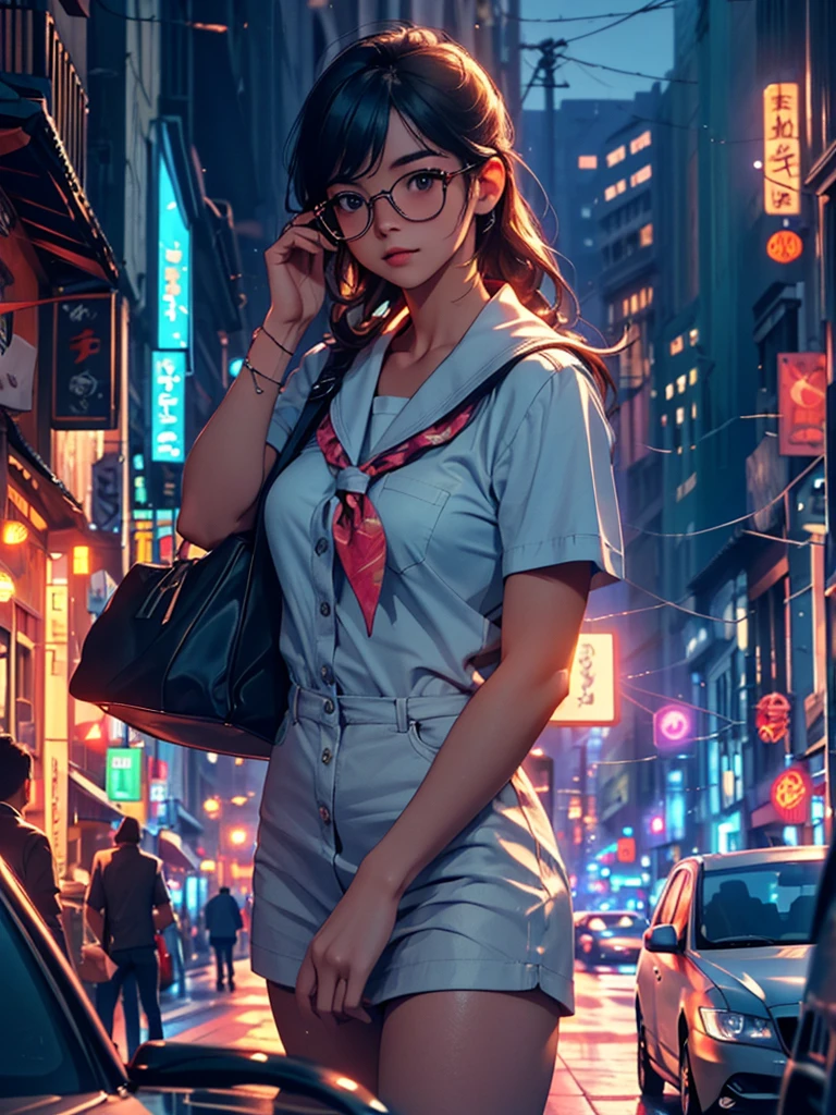 a girl in a sailor uniform sticking her head out of the passenger seat of a foreign car at night in a busy downtown area, a man in sunglasses and an hawaiian shirt driving, passersby bustling about,(best quality,8k,highres,masterpiece:1.2),ultra-detailed,realistic,photorealistic,photo-realistic:1.37,HDR,UHD,studio lighting,ultra-fine painting,sharp focus,physically-based rendering,extreme detail description,professional,vivid colors,bokeh,cinematic lighting,moody atmosphere,dramatic lighting,city street at night,neon lights,blurred background,shallow depth of field