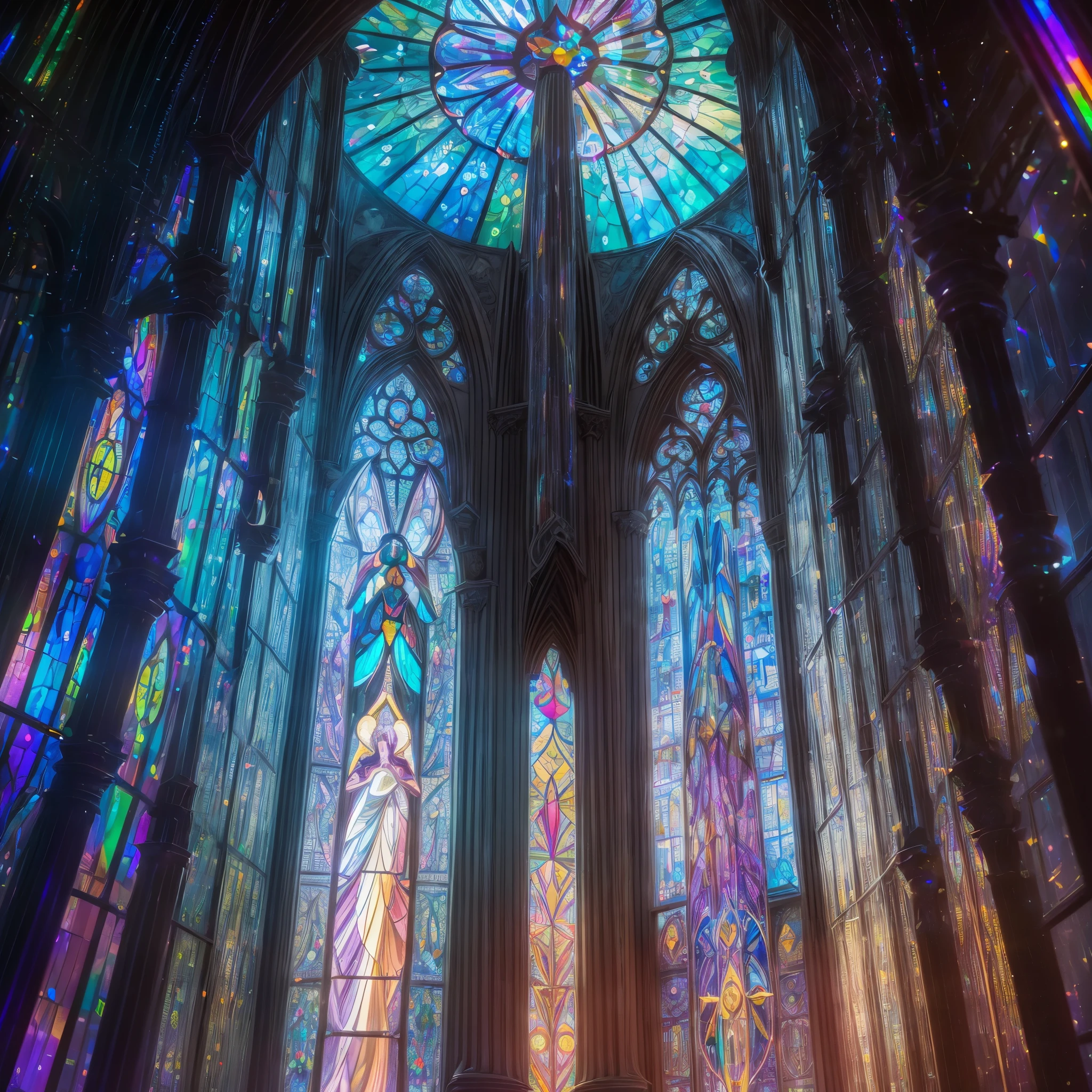 (Cathedral from below:1.28) (ZoomLayer) TopQuality 8K masterpiece of ((Professional photo)), (((Clarisse de Cagliostro))) (Detailed White WeddingDresses), Chain, (((Extremely detailed KAWAII face))) {((VeiledFace))|BlondeHair|(Elaborate BuleEyes)with(SparklingHighlights:1.28)}, The background is distant (((Elaborate stained glass))) Rainbow Glass, {(MysticSight)|EnchantingAtmosphere|Haze|(GodRays)|TyndallEffect}, Radiant PearlSkin with Transparency, (Exposed:0.39)