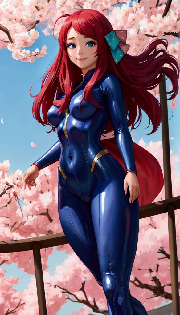 masterpiece, best quality:1.2), 1girl, asian girl, smile, looking at viewer, blue eyes, hair bow, ahoge, dressed as superwoman, full bodysuit, blue catsuit, standing under cherry blossoms, sakura minamoto, red cloak cape