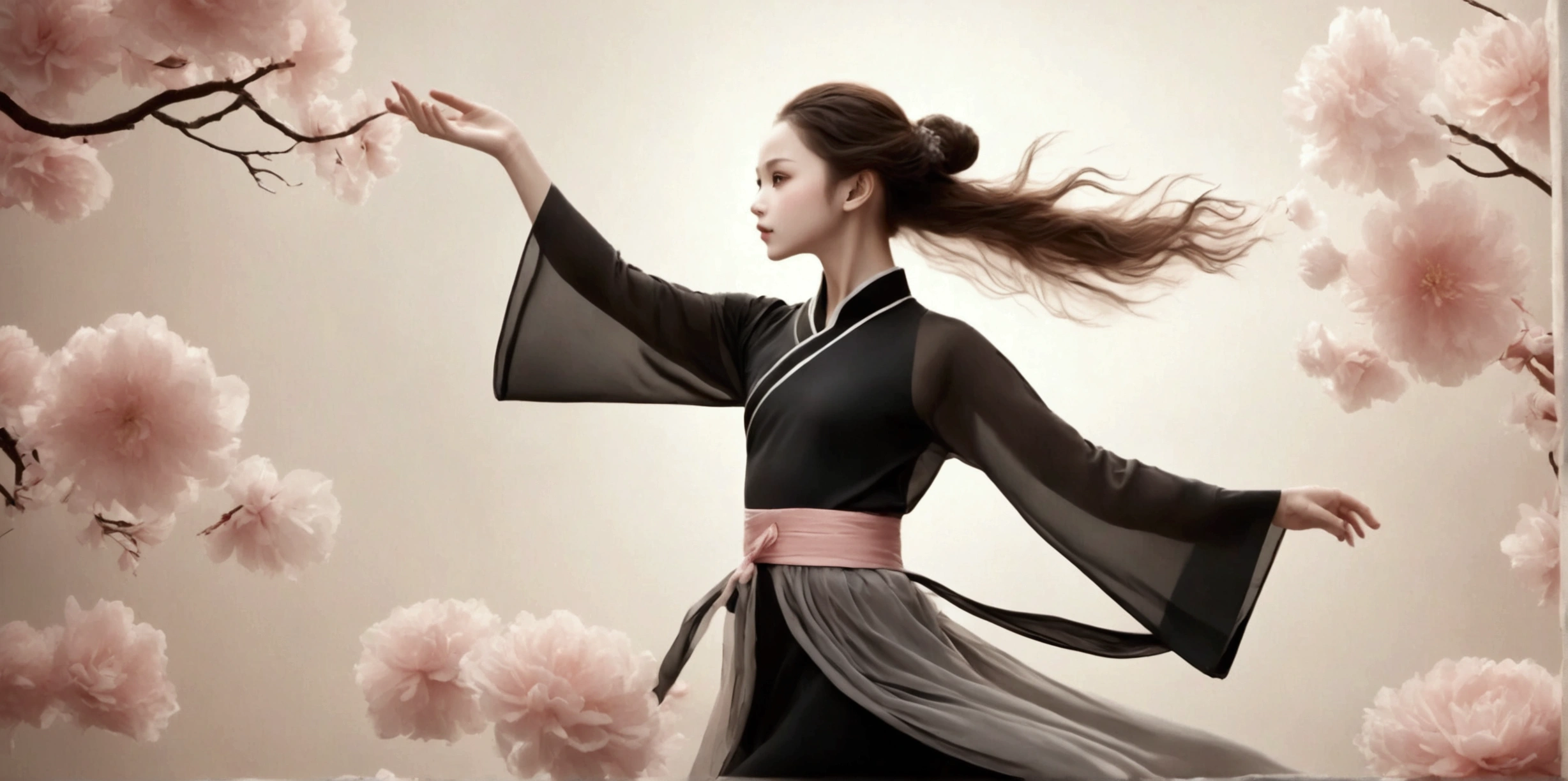 Exquisite dance photography；A little girl，Solitary；A dancing little girl，whole body像；[Black Eyeball，confidence，High and cold，happy]；[Long skirt elegant style，Long sleeve；Set，Light pink and white gradient，Traditional style，The skirt has no pattern，The hem of the long skirt is like petals covering the background,Petal pattern，The background is petals and skirt,]；[Chinese dance]，[[[whole body，Panorama 1.1]]]，Frontal portrait of the character；Composition：The character is on the right side of the frame；Long hair in the wind,advanced sense,Fashion, Still photography, Loop video, Fascinating movement, captivating visuals, Seamless integration, Compelling storytelling, Vortex phenomenon, Angled form, Dynamic Movement, Bold Geometric Shapes, Fragment shape, sharp contrast, Influence of modernism, nature, , modern Art, Astonishing, Unreal Background, Art from (Alessio Albi:1.1), Soft lighting, happy emotion，Extremely detailed；Art Photography；Blank solid color background；