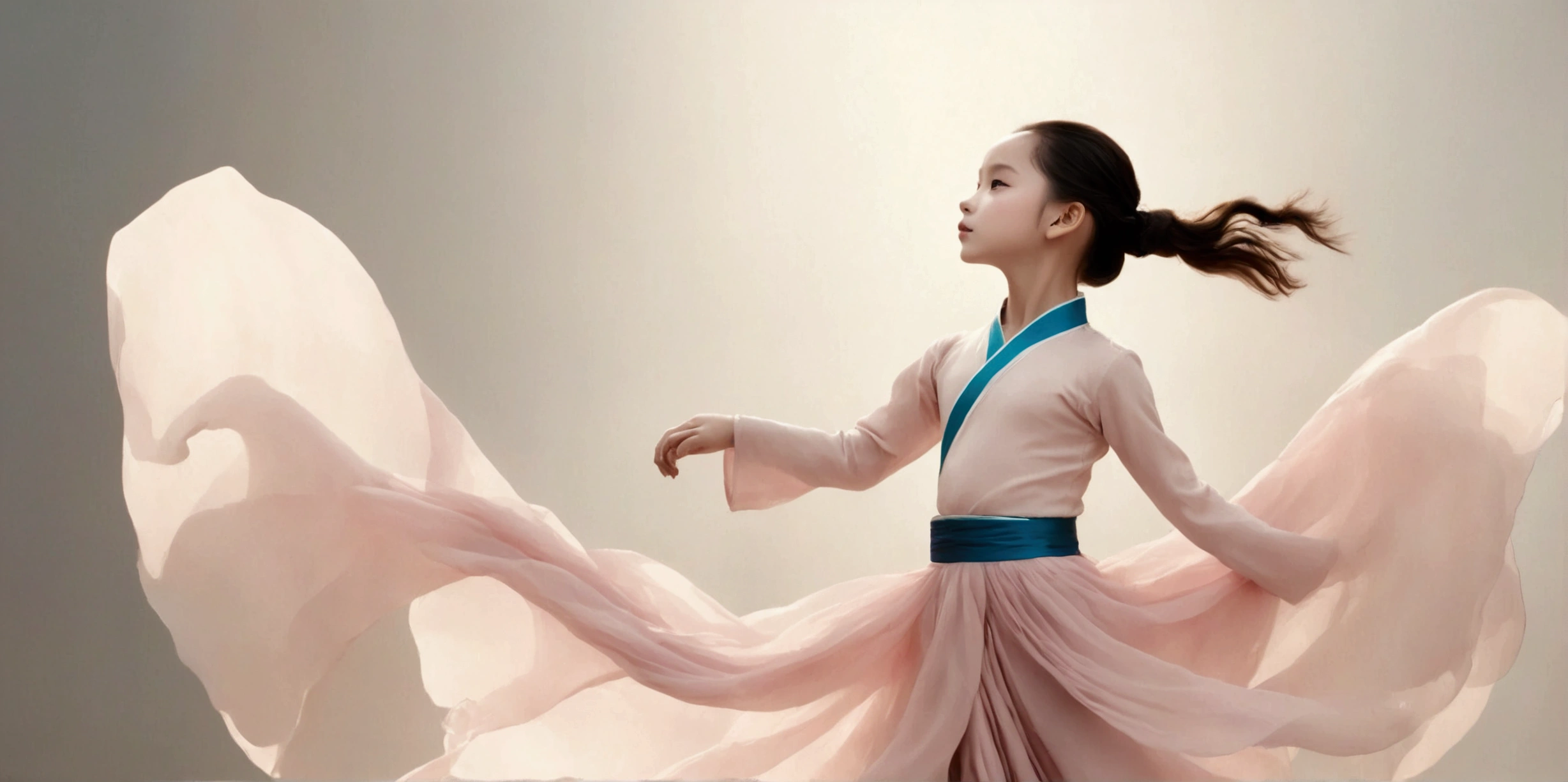 Exquisite dance photography；A ，Solitary；A dancing little girl像；[Black Eyeball，confidence，High and cold，happy]；[Long skirt elegant style，Long sleeve；Set，Light pink and white gradient，Traditional style，The skirt has no pattern，The hem of the long skirt is like petals covering the background,Petal pattern，The background is petals and skirt,]；[Chinese dance]，[[[whole body，Panorama 1.1]]]，Frontal portrait of the character；Composition：The character is on the right side of the frame；Long hair in the wind,advanced sense,Fashion, Still photography, Loop video, Fascinating movement, captivating visuals, Seamless integration, Compelling storytelling, Vortex phenomenon, Angled form, Dynamic Movement, Bold Geometric Shapes, Fragment shape, sharp contrast, Influence of modernism, nature, , modern Art, Astonishing, Unreal Background, Art from (Alessio Albi:1.1), Soft lighting, happy emotion，Extremely detailed；Art Photography；Blank solid color background；