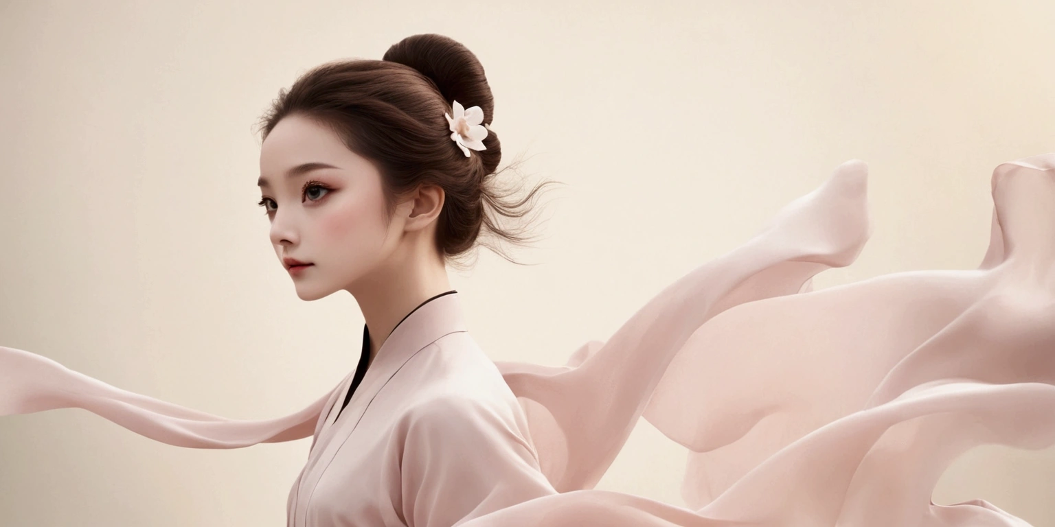 Exquisite dance photography；A little girl，Solitary；A dancing little girl，whole body像；[Black Eyeball，confidence，High and cold，happy]；[Long skirt elegant style，Long sleeve；Set，Light pink and white gradient，Traditional style，The skirt has no pattern，The hem of the long skirt is like petals covering the background,Petal pattern，The background is petals and skirt,]；[Chinese dance]，[[[whole body，Panorama 1.1]]]，Frontal portrait of the character；Composition：The character is on the right side of the frame；Long hair in the wind,advanced sense,Fashion, Still photography, Loop video, Fascinating movement, captivating visuals, Seamless integration, Compelling storytelling, Vortex phenomenon, Angled form, Dynamic Movement, Bold Geometric Shapes, Fragment shape, sharp contrast, Influence of modernism, nature, , modern Art, Astonishing, Unreal Background, Art from (Alessio Albi:1.1), Soft lighting, happy emotion，Extremely detailed；Art Photography；Blank solid color background；