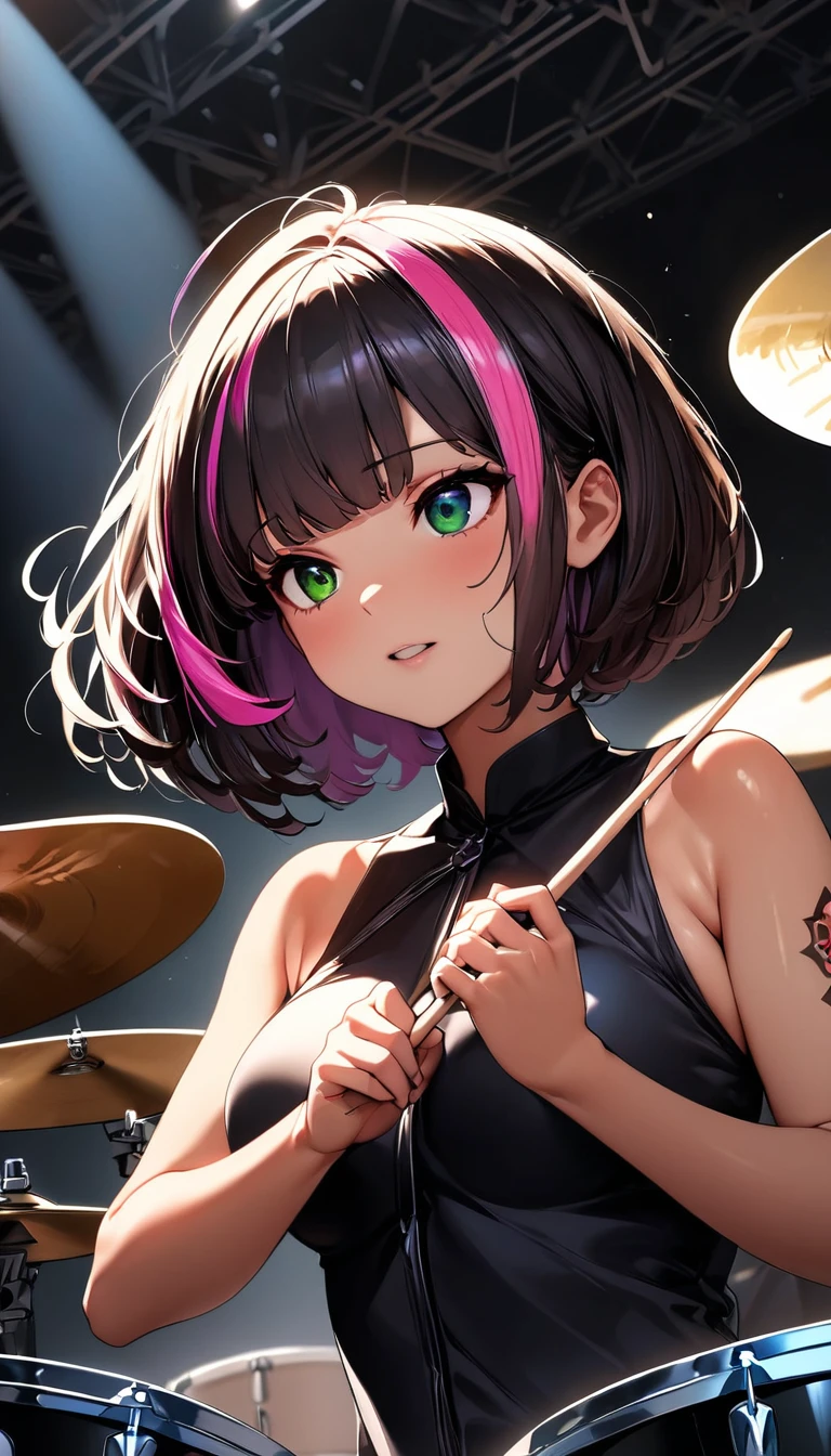 (highest quality:1.2, Very detailed, up to date, Vibrant, Ultra-high resolution, High Contrast, masterpiece:1.2, highest quality, Best aesthetics), girl, (solo), slim, heterrochromia, green eye, red eye, stage、Bright colors、Beautiful fine details、Beautiful lip detail、extra short hair, ((bob cut:1.5))、pink and purple ((streaked hair:1.9)), (highlights hair: 1.6), (medium breast:0.7), (tan skin:1), Concert Light、Edgy Style、colorful Cheongsam, (no sleeve:1.3)、Dynamic Movement, (girl playing a drum set, drum performance, Holding drumsticks in both hands and hitting the cymbals ,intense drum play, sitting in drum set:1.6), (The drum set includes Bass Drum, Floor tom, Snare drum, Rack tom, Hi-hat, Crash cymbal, Ride cymbal:1.3), Stadium、きらめくstage、Concert atmosphere、Music Festival、Full of emotion、Resolute expression、 Expressive gestures、Rock star aura、An exciting atmosphere, (Floral Fineline tattoo design on right arm:1), (low angle:1), facing forward, ((upper body:2))