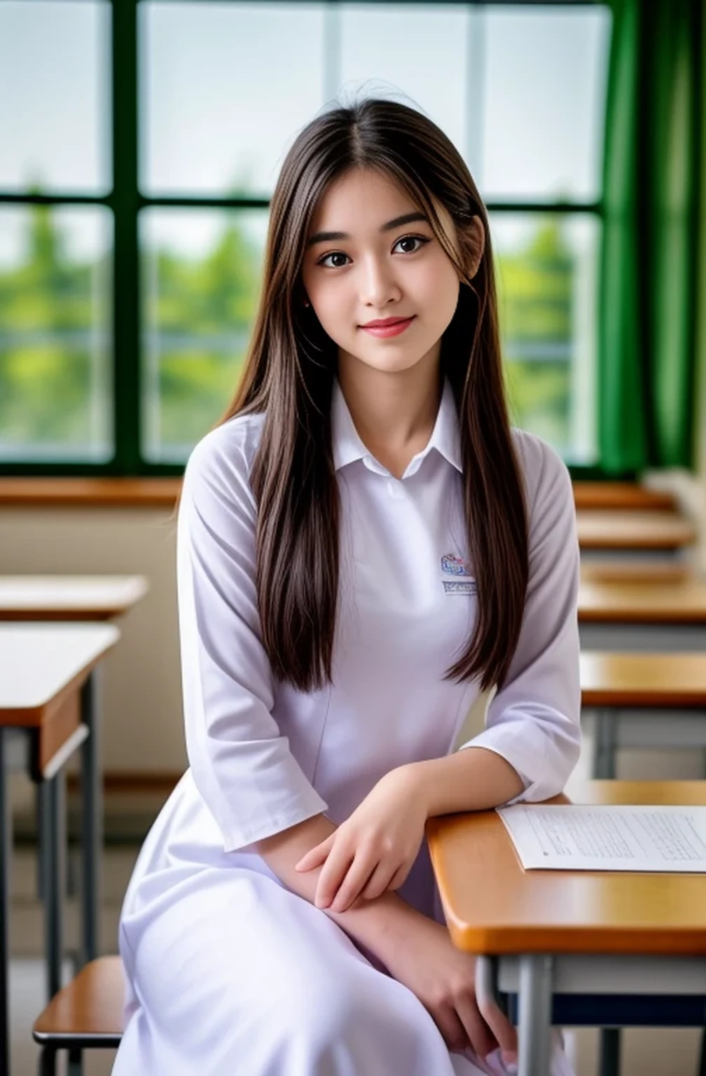 Raw photo , 1 girl  ,Wearing white traditional uniform  ((teen school girl studying in the classroom)) , professional photographer, (hdr:1.4), masterpiece, ultra-realistic 8k, perfect artwork, intrincate details, cute face, award winning photograph, (Best quality, 8k, 32k, Masterpiece, UHD:1.3) ,