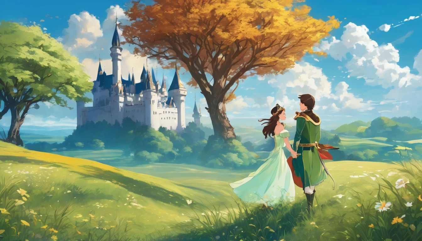 Illustration style，fairy tales，Grassland under blue sky and white clouds，There is a prince and princess on the right side of the picture