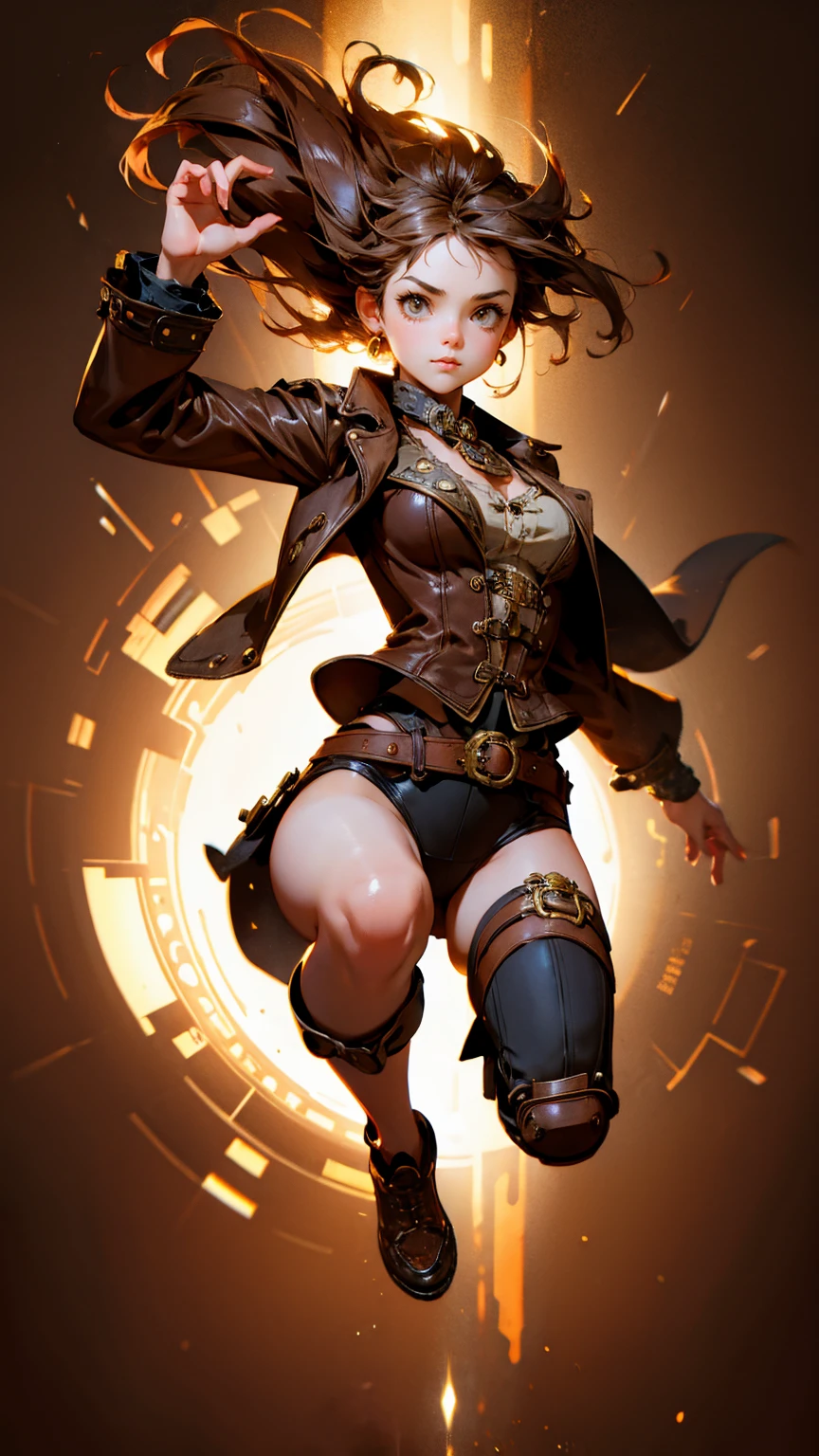 A cute steampunk girl running, strong lighting contrasts, playful pose, brown background