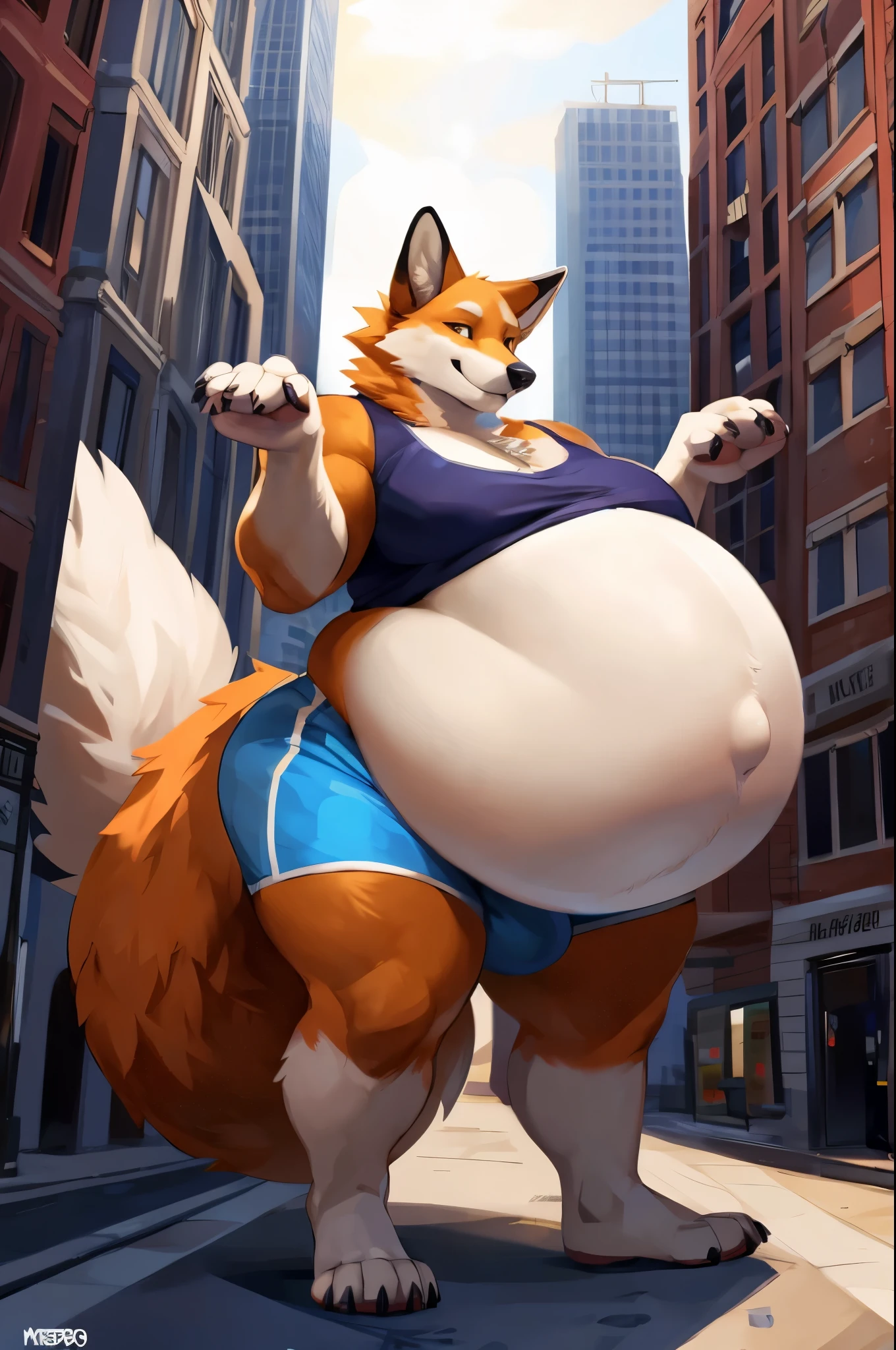 4k ultra quality, 4k half body view,ultra high detailed body,feral fox, white belly fur,big belly, (round belly), hyper belly, enormous belly, enormous body,by mystikfox61, by glitter trap boy, by bebebebebe,by morethreedee, by seibear,(thick thigh),(chubby thigh),thicc thigh,thick legs,chubby legs,thicc legs,enomorous thigh,massive thigh,massive legs,(detailed thigh),(wide thigh),thick butt,fluffy belly,furry belly,sharp nails,(((sfw))),(detailed face),detailed eyes,golden eyes,(shiny fur),big tail,fluffy tail,(detailed tail),enomorous tail,bigger tail,huge tail,bloated belly,enomorous thigh,fluffy paws,detailed paws,thick paws,chubby paws,tight shirt with buttons,feral legs,pregnant belly
,in a city,(macro),hyper balls,huge penis,detailed bulge,tight shorts,standing among building