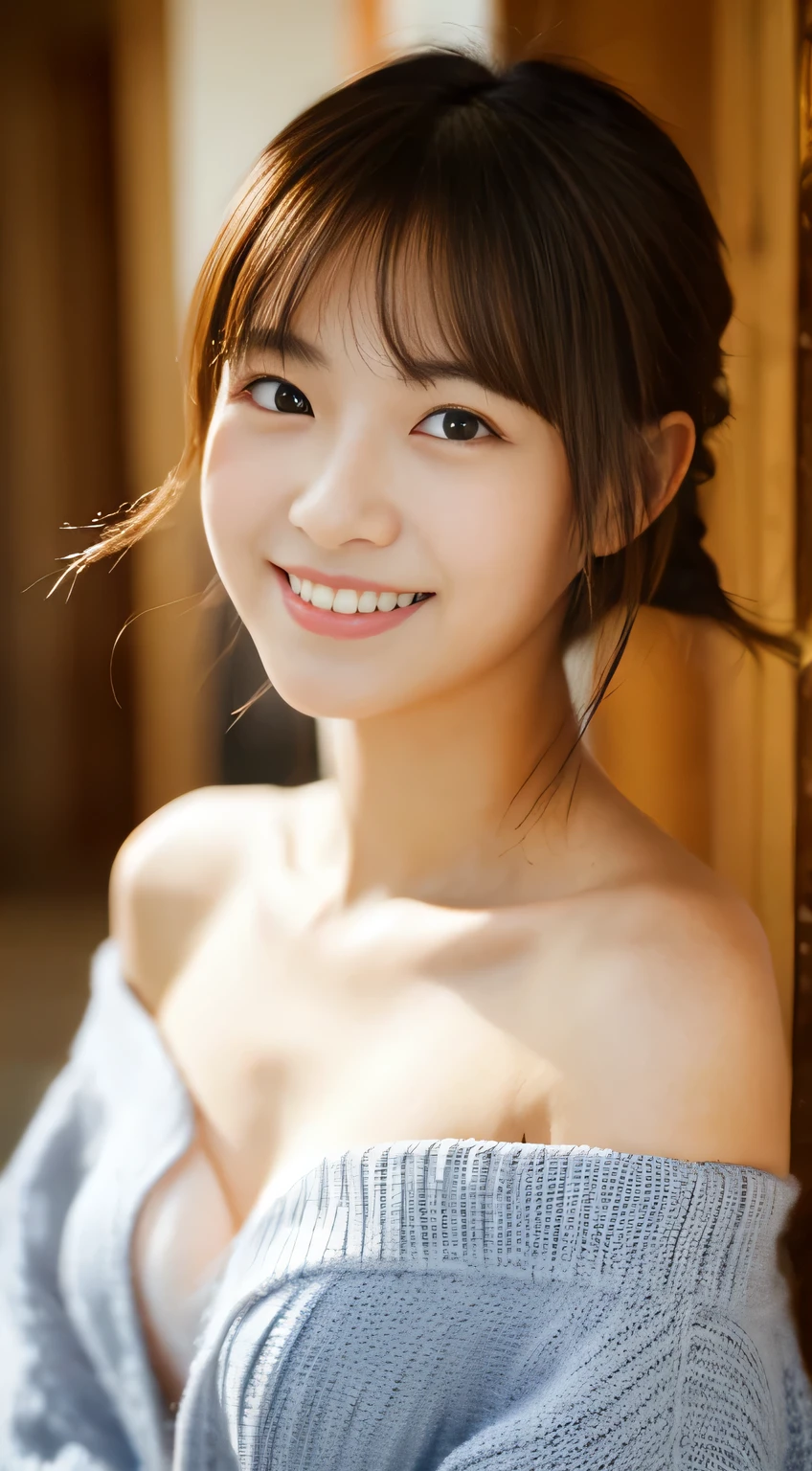 masterpiece,best quality,(Japanese girl),((Beautiful girl)),cleavage,(off shoulder:1.2),(perfect body beauty:1.2),(shy smile),From slightly above