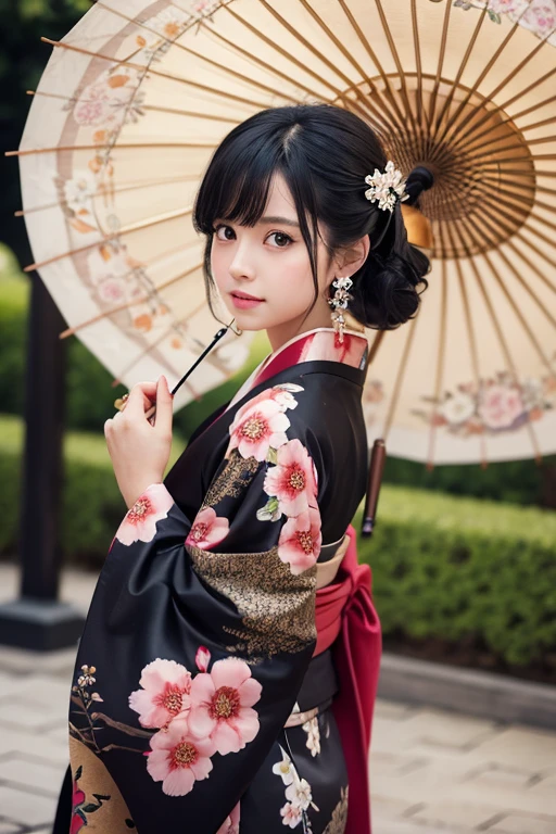 1girl, solo, black_hair, hair_ornament, original, brown_eyes, jewelry, flower, earrings, japanese_clothes, looking_back, kimono, tattoo, umbrella, oil-paper_umbrella