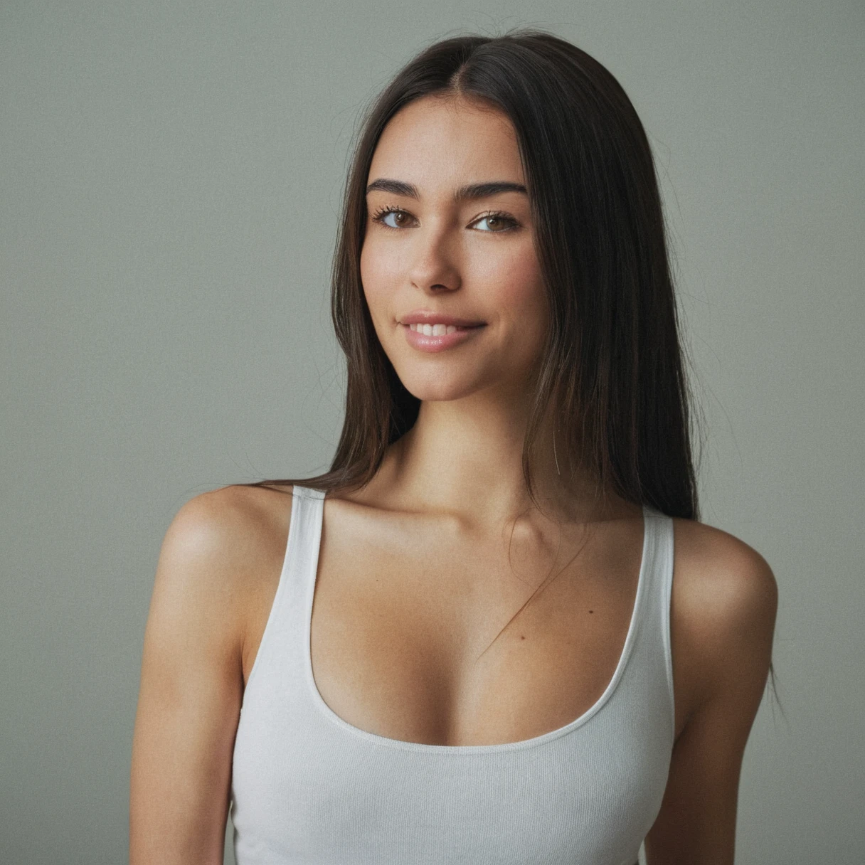 (textura de la piel, pores, imperfecciones), Super high res portrait photo oF a woman wearing no makeup, usando una fina gargantilla de cuero,F /2.8, canon, 85mm,cinematográfico, alta calidad, textura de la piel, mirando a la camara, skin imperFections,smile, white tight tank top, straight hair, upper body, looking to the viewer, loose hair, 