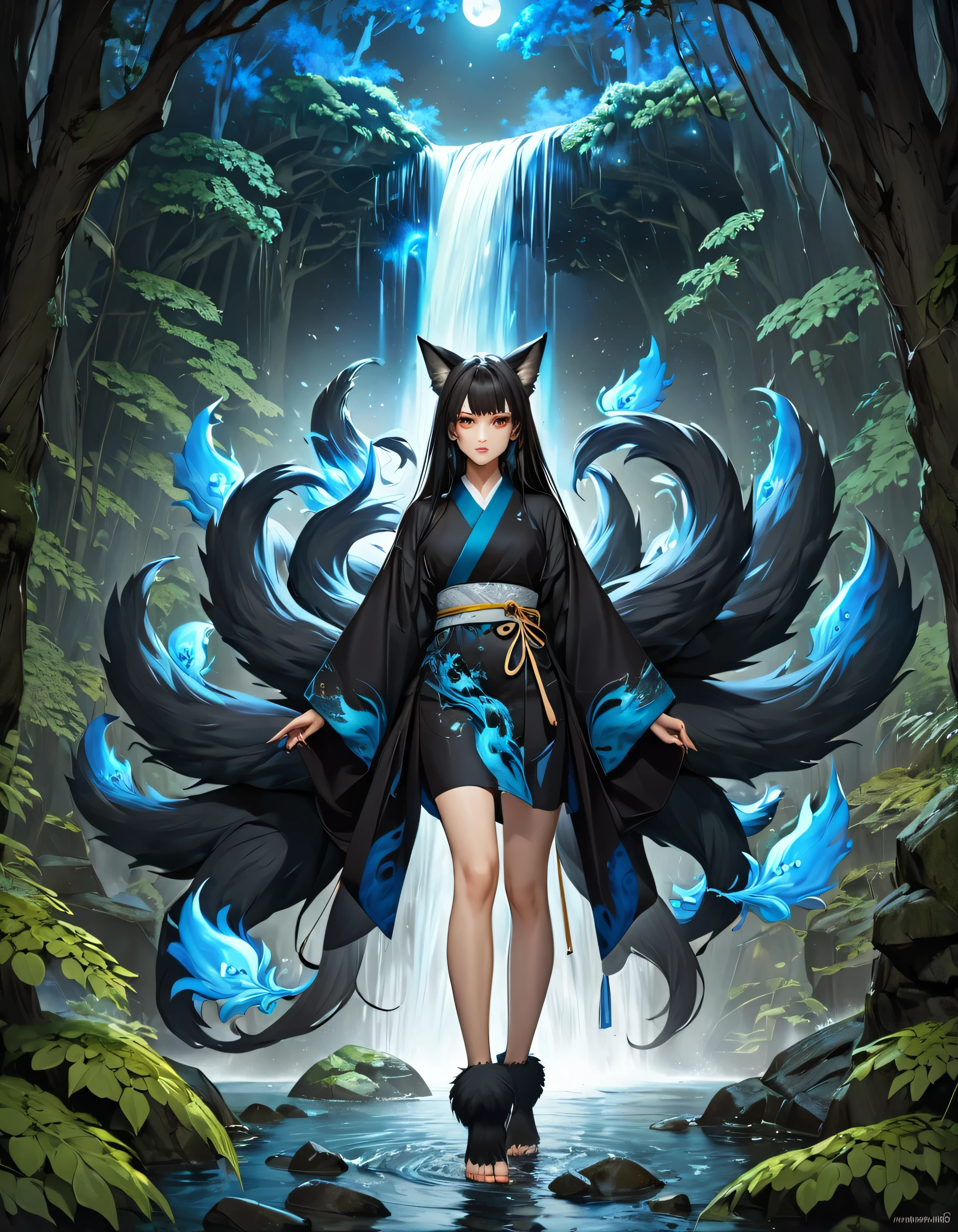 ((full body shot at distance)) , (((1girl))), (realistic fox-girl with black hair and nine tails surrounded by motes of blue fire, looking at a waterfall) , (nine tails with black fur:2.0 ) , (image centered on subject with her tails spread behind her:1.5), {subject facing away), (waterfall), moon , (anatomical perfect), (beautiful human face, high cheekbones, green eyes  fox ears) , (very detailed ankle length kimono with a loose fit:1.5 ) , inspired by Sugimura Jihei, delicate and fine, (tentacles:fox tails:0.5), white form, inspired by Sōami, jormungand, mystical creatures, realistic, ultra detailed, dynamic pose, moonlit night detailed forest background, vegetation in the foreground