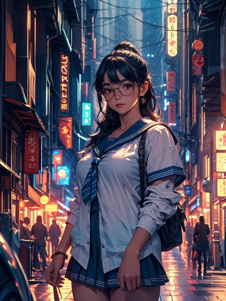 a girl in a sailor uniform sticking her head out of the passenger seat of a foreign car at night in a busy downtown area, a man in sunglasses and an hawaiian shirt driving, passersby bustling about,(best quality,8k,highres,masterpiece:1.2),ultra-detailed,realistic,photorealistic,photo-realistic:1.37,HDR,UHD,studio lighting,ultra-fine painting,sharp focus,physically-based rendering,extreme detail description,professional,vivid colors,bokeh,cinematic lighting,moody atmosphere,dramatic lighting,city street at night,neon lights,blurred background,shallow depth of field