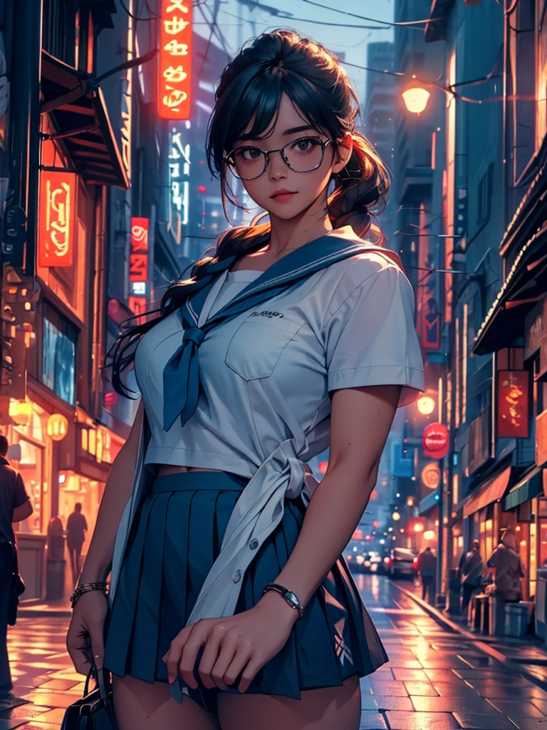 a girl in a sailor uniform sticking her head out of the passenger seat of a foreign car at night in a busy downtown area, a man in sunglasses and an hawaiian shirt driving, passersby bustling about,(best quality,8k,highres,masterpiece:1.2),ultra-detailed,realistic,photorealistic,photo-realistic:1.37,HDR,UHD,studio lighting,ultra-fine painting,sharp focus,physically-based rendering,extreme detail description,professional,vivid colors,bokeh,cinematic lighting,moody atmosphere,dramatic lighting,city street at night,neon lights,blurred background,shallow depth of field