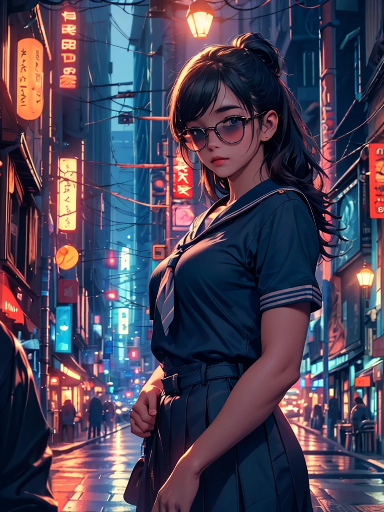 a girl in a sailor uniform sticking her head out of the passenger seat of a foreign car at night in a busy downtown area, a man in sunglasses and an hawaiian shirt driving, passersby bustling about,(best quality,8k,highres,masterpiece:1.2),ultra-detailed,realistic,photorealistic,photo-realistic:1.37,HDR,UHD,studio lighting,ultra-fine painting,sharp focus,physically-based rendering,extreme detail description,professional,vivid colors,bokeh,cinematic lighting,moody atmosphere,dramatic lighting,city street at night,neon lights,blurred background,shallow depth of field