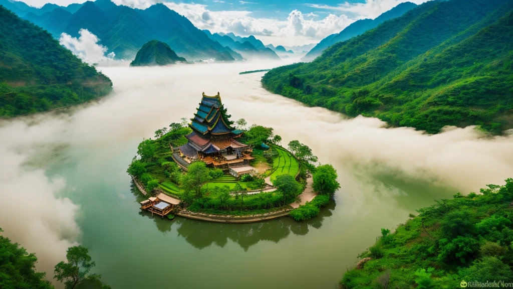Natural beauty, Ancient village of Vietnam. river, mountain. cloud, Temple. Aerial view,mystical beauty, 8k
